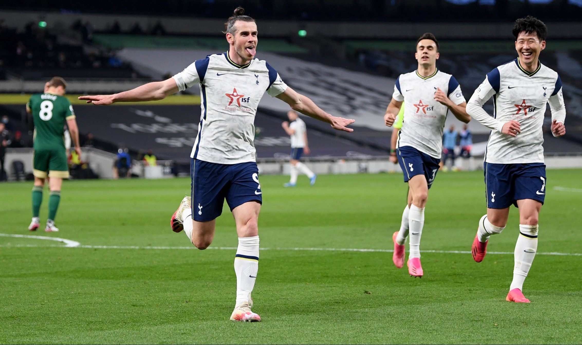 Gareth Bale celebrates scoring his third goal in Spurs' win over Sheffield United in the Premier League