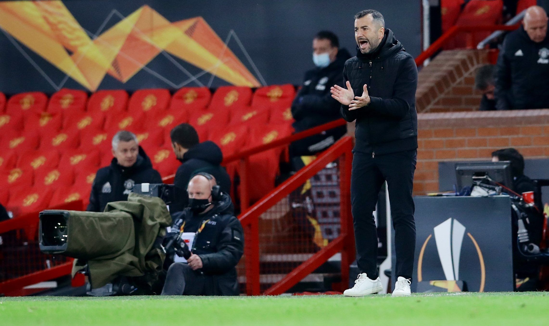 Granada head coach Diego Martinez looks on during Europa League clash with Manchester United at Old Trafford