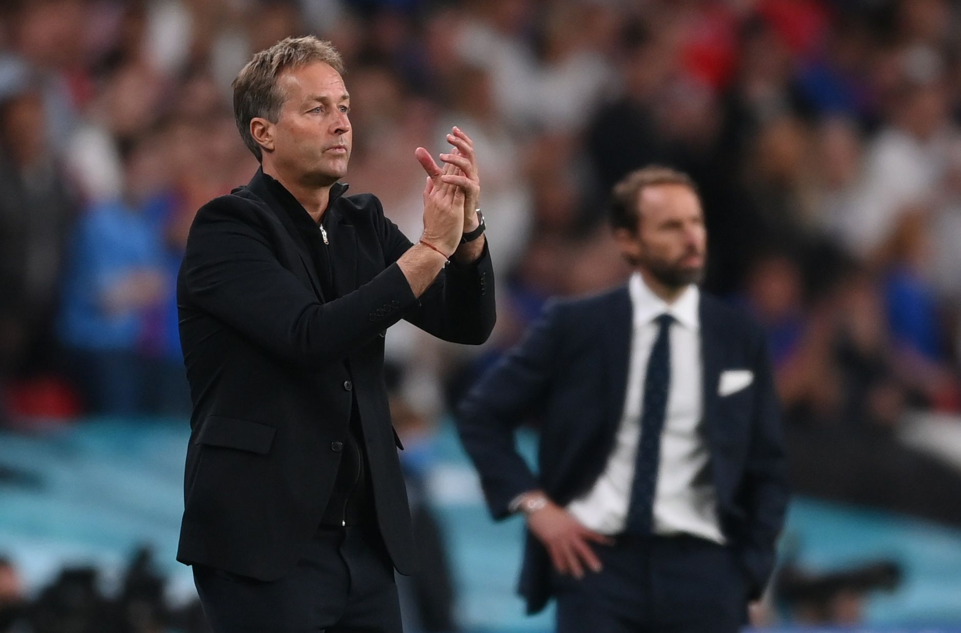 Denmark manager Kasper Hjulmand taking charge of a Euro 2020 game