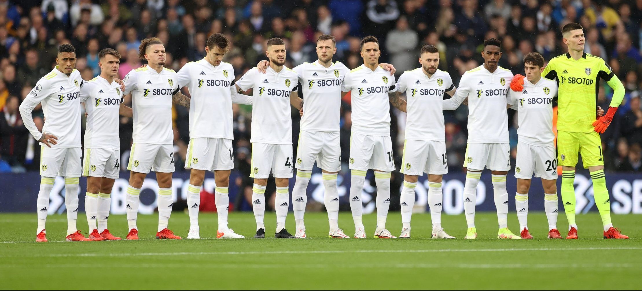 Leeds United players line up before Watford clash in the Premier League