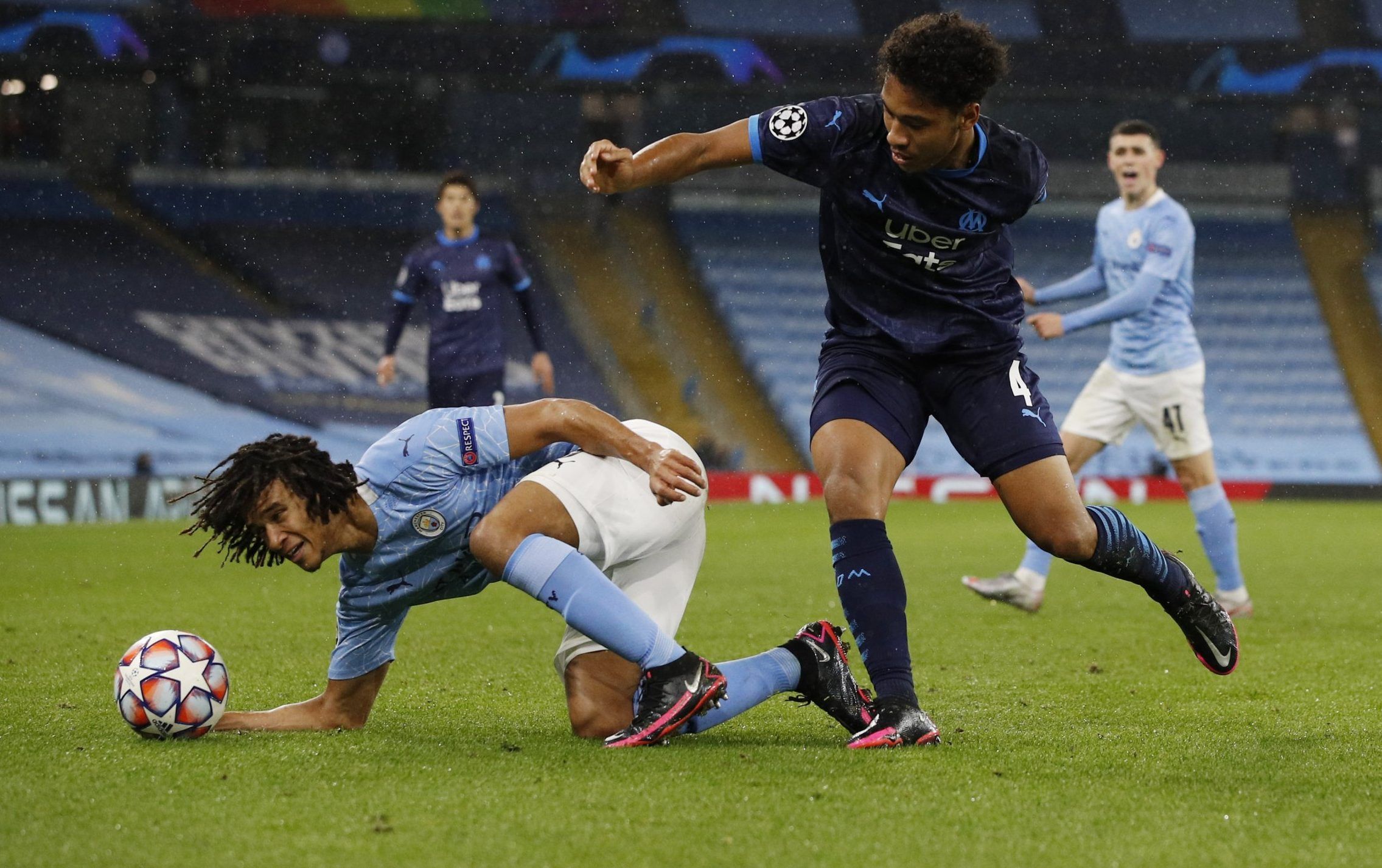 Marseille midfielder Boubacar Kamara in action against Man City's Nathan Ake in the Champions League