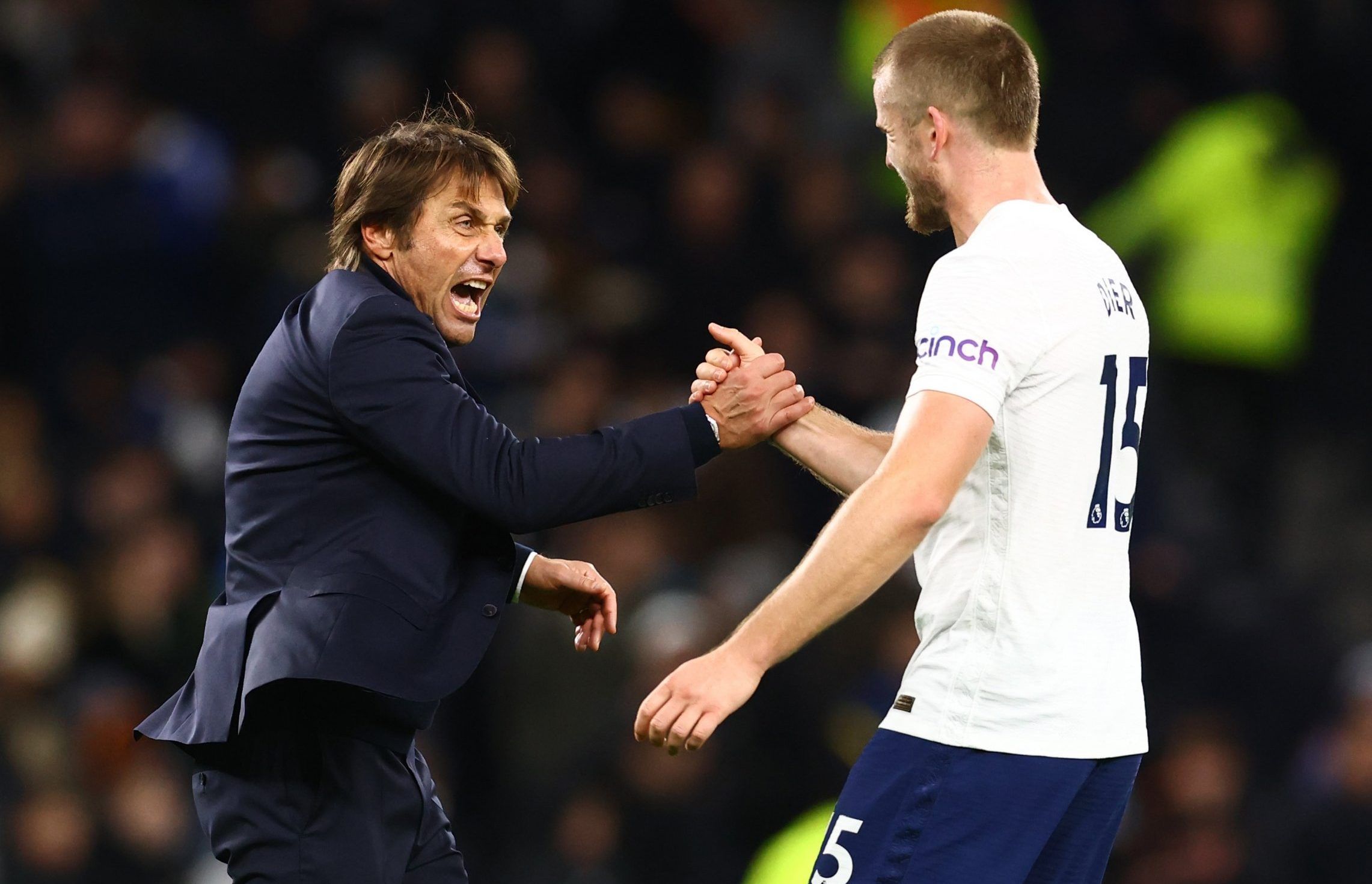 Spurs manager Antonio Conte and centre-back Eric Dier celebrate win over Leeds United