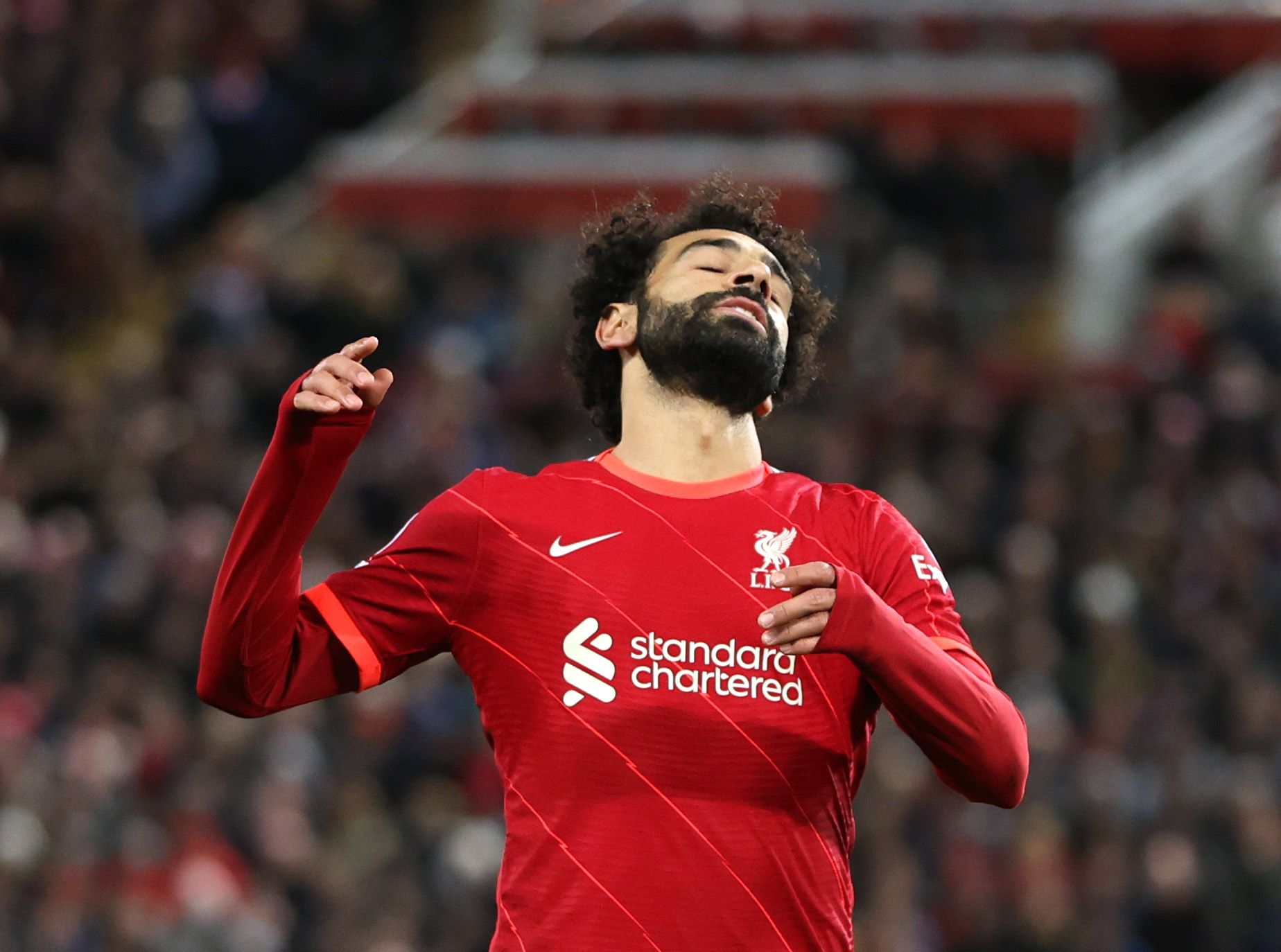 Soccer Football - Champions League - Group B - Liverpool v FC Porto - Anfield, Liverpool, Britain - November 24, 2021 Liverpool's Mohamed Salah reacts Action Images via Reuters/Molly Darlington
