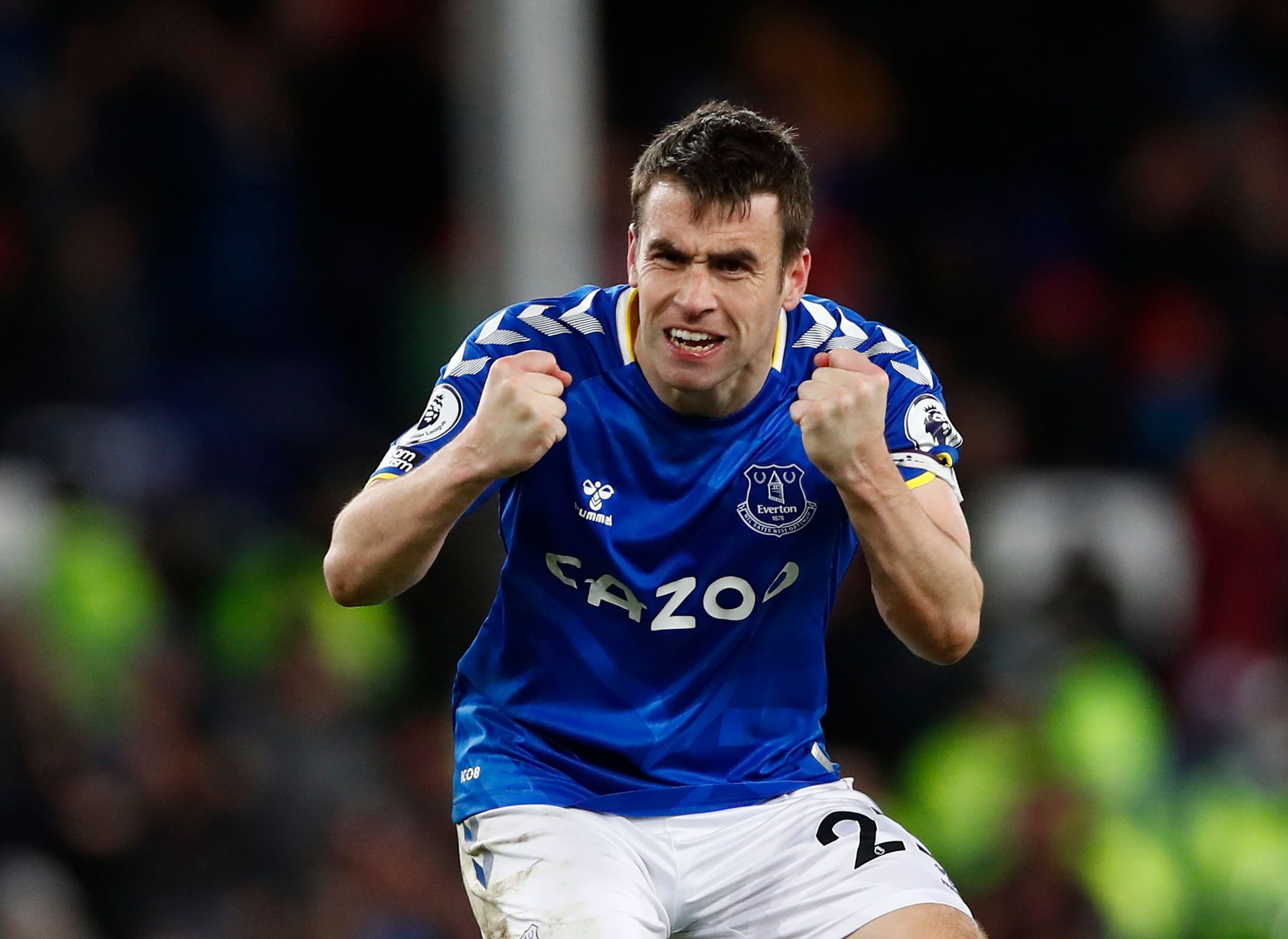 Soccer Football - Premier League - Everton v Arsenal - Goodison Park, Liverpool, Britain - December 6, 2021  Everton's Seamus Coleman celebrates after the match Action Images via Reuters/Jason Cairnduff EDITORIAL USE ONLY. No use with unauthorized audio, video, data, fixture lists, club/league logos or 'live' services. Online in-match use limited to 75 images, no video emulation. No use in betting, games or single club /league/player publications.  Please contact your account representative for 
