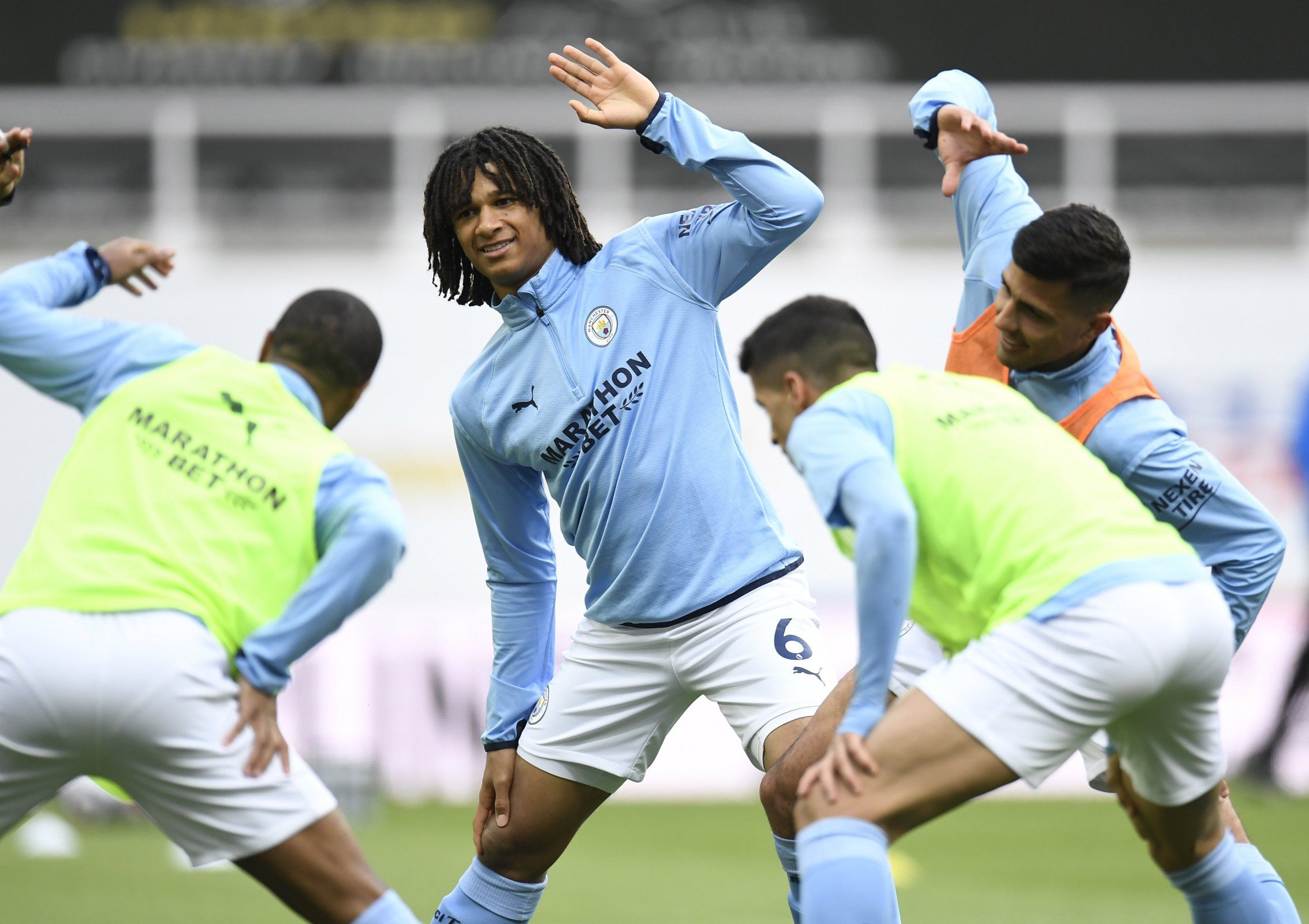 Manchester City defender Nathan Ake during warm up against Newcastle United