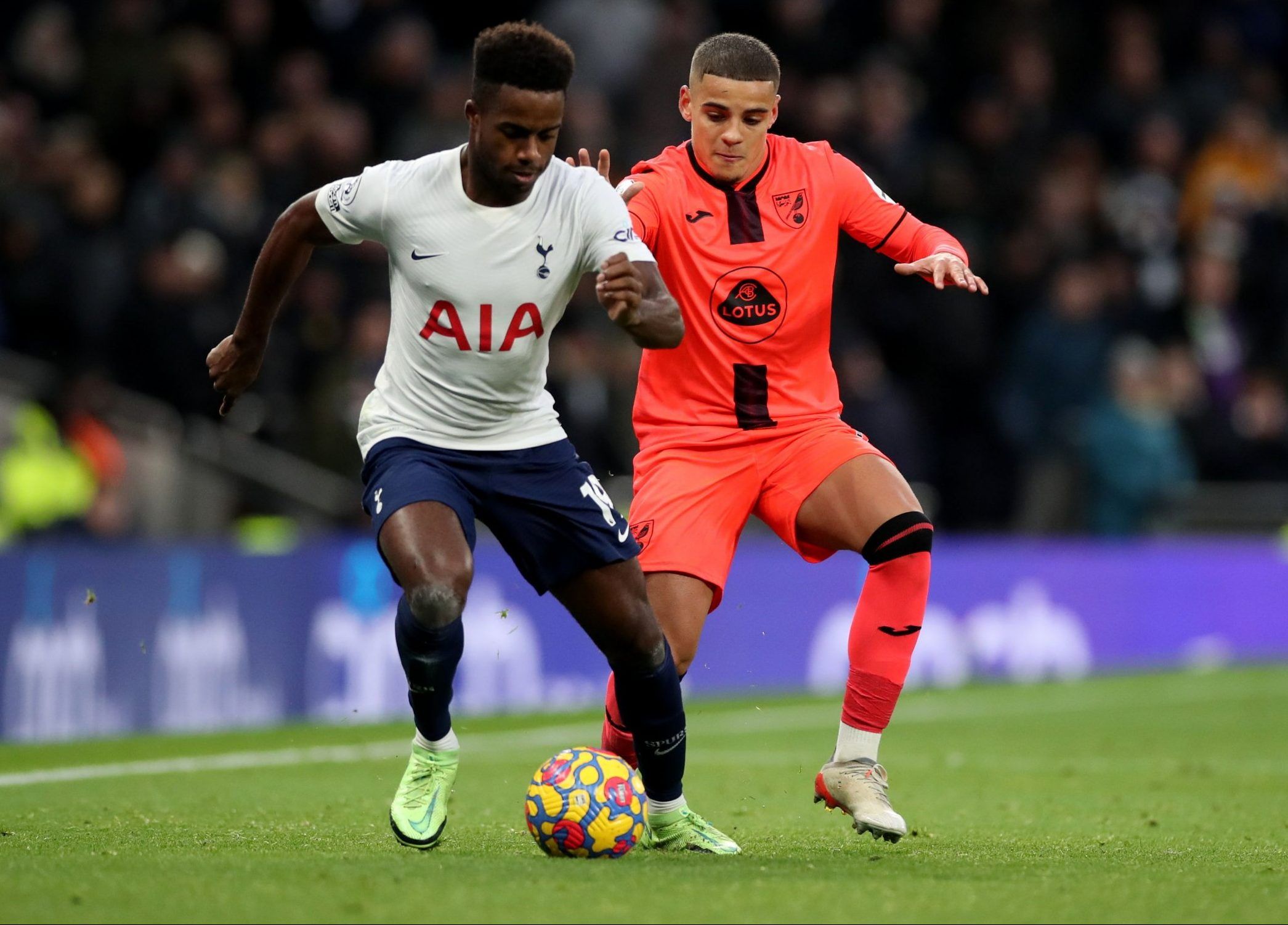 Spurs wing-back Ryan Sessegnon in action against Norwich City's Max Aarons