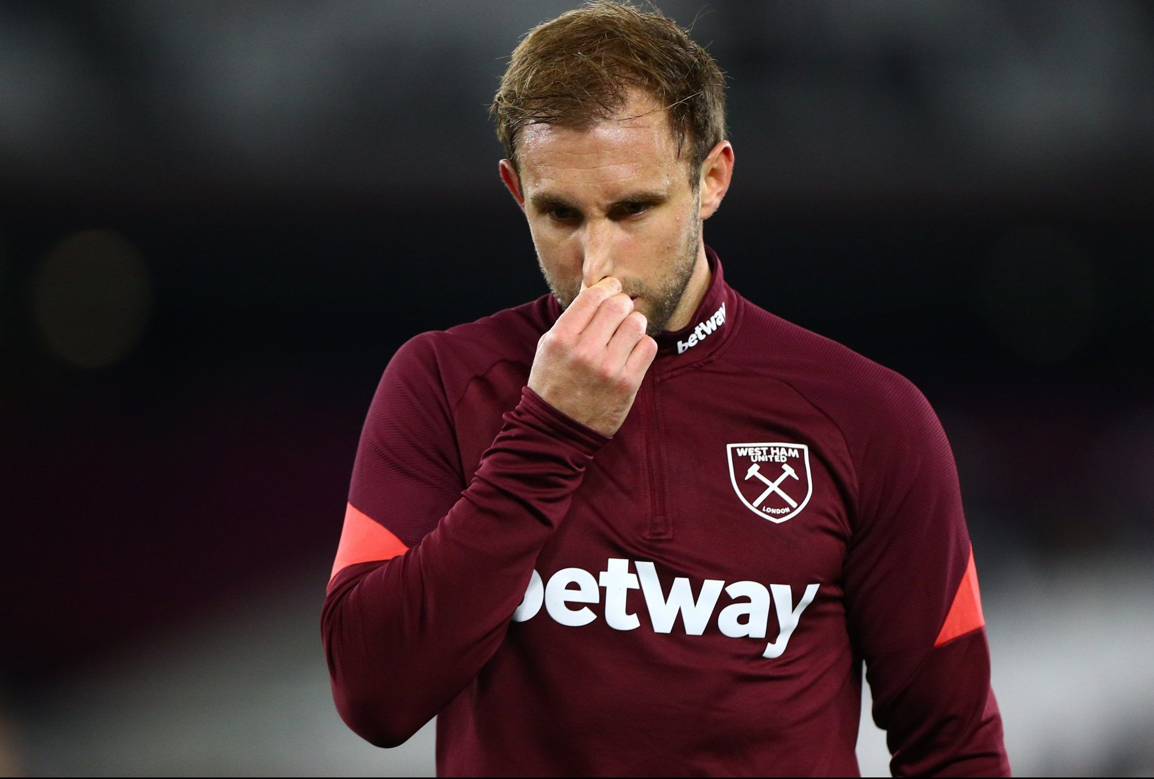 West Ham defender Craig Dawson looks on during warm up before Premier League clash with Brighton and Hove Albion