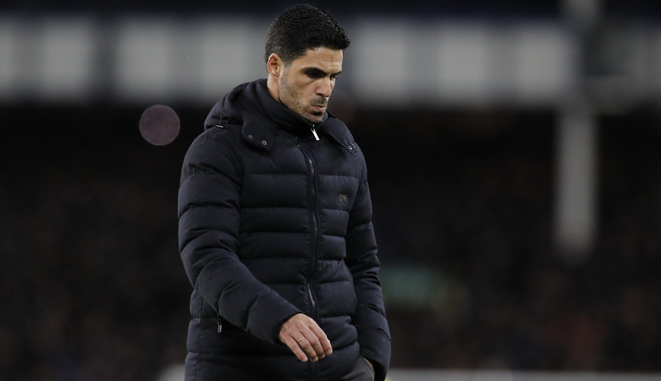 Arsenal manager Mikel Arteta looks dejected after Everton defeat