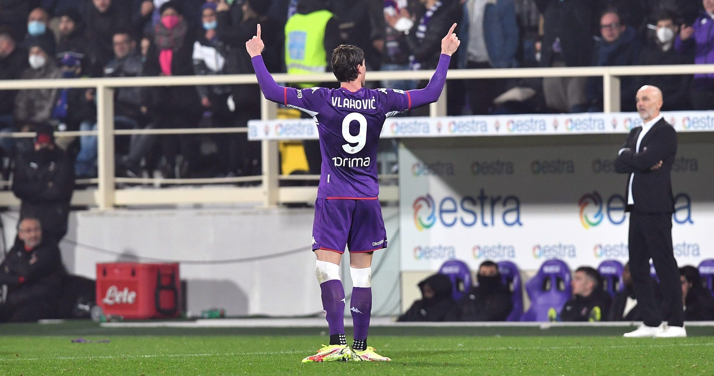Fiorentina striker Duasn Vlahovic celebrates scoring against AC Milan in Serie A