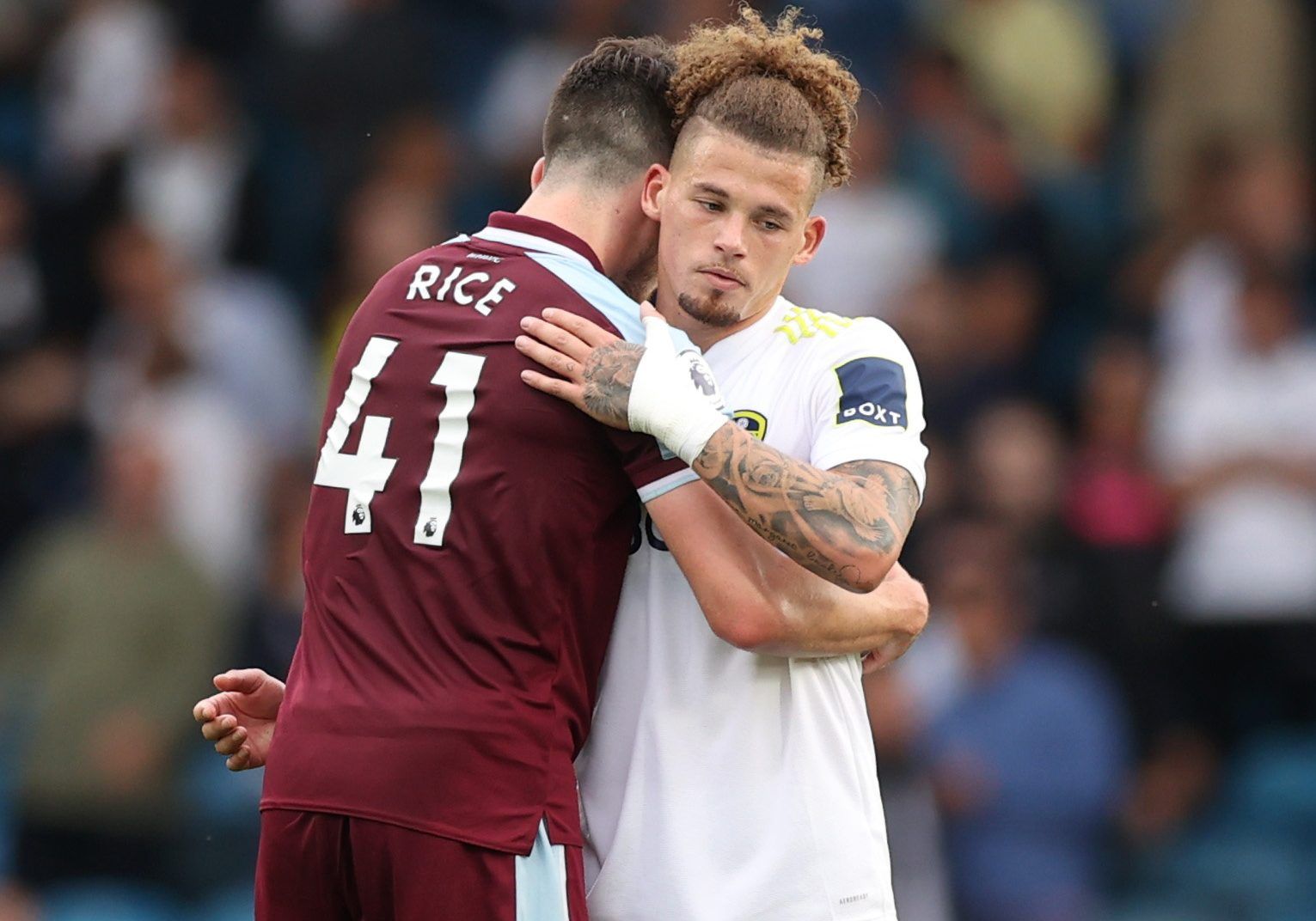 Soccer Football - Premier League - Leeds United v West Ham United - Elland Road, Leeds, Britain - September 25, 2021  West Ham United's Declan Rice with Leeds United's Kalvin Phillips after the match Action Images via Reuters/Lee Smith EDITORIAL USE ONLY. No use with unauthorized audio, video, data, fixture lists, club/league logos or 'live' services. Online in-match use limited to 75 images, no video emulation. No use in betting, games or single club /league/player publications.  Please contact