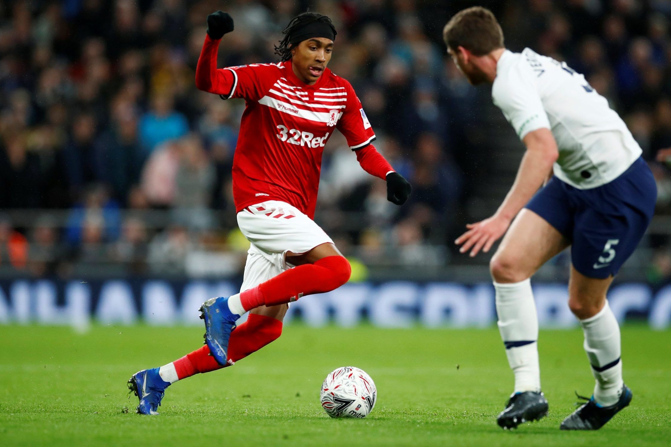 Middlesbrough defender Djed Spence in action against Spurs in the FA Cup