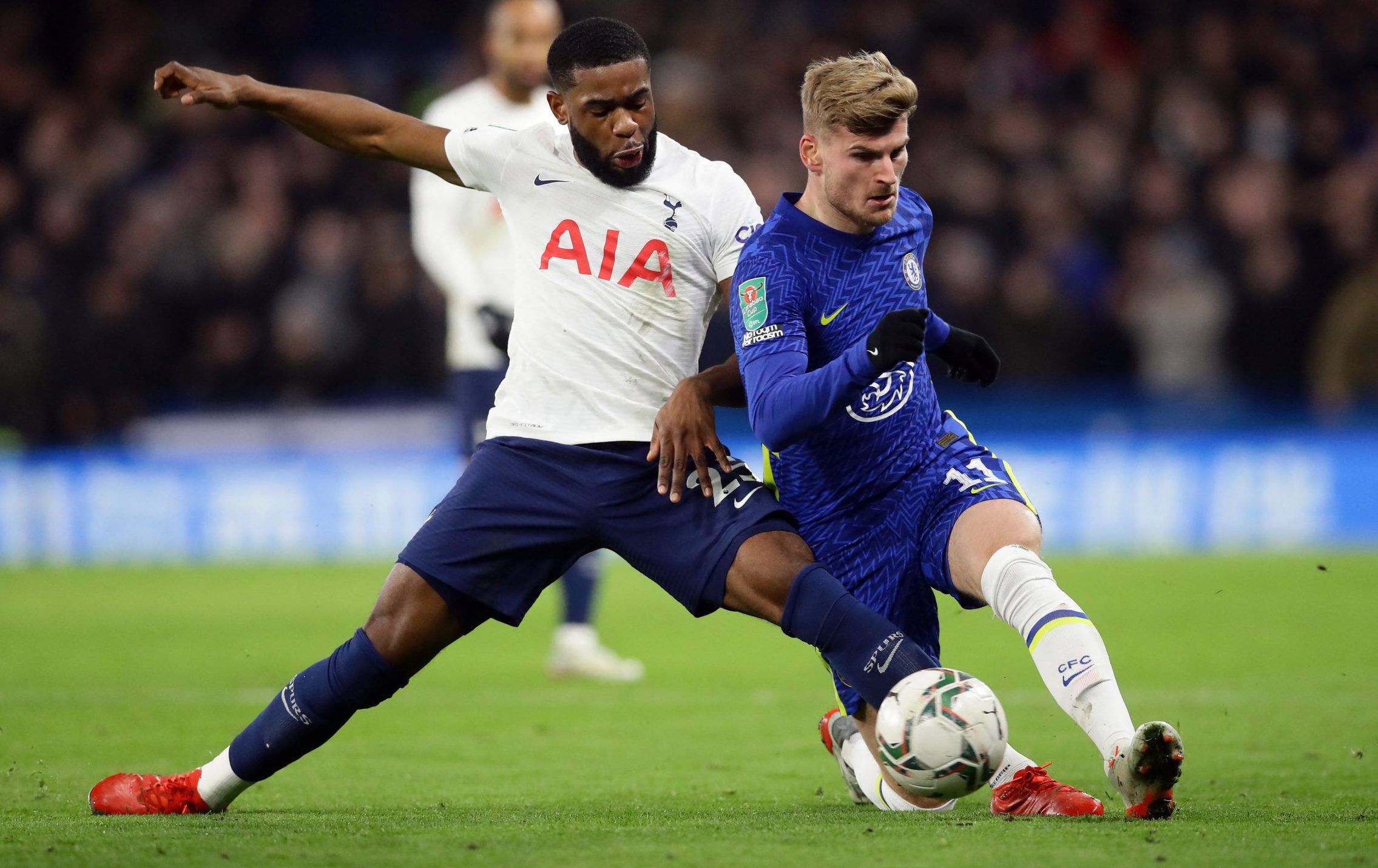 Spurs defender Japhet Tanganga in action against Chelsea in the Carabao Cup semi-final