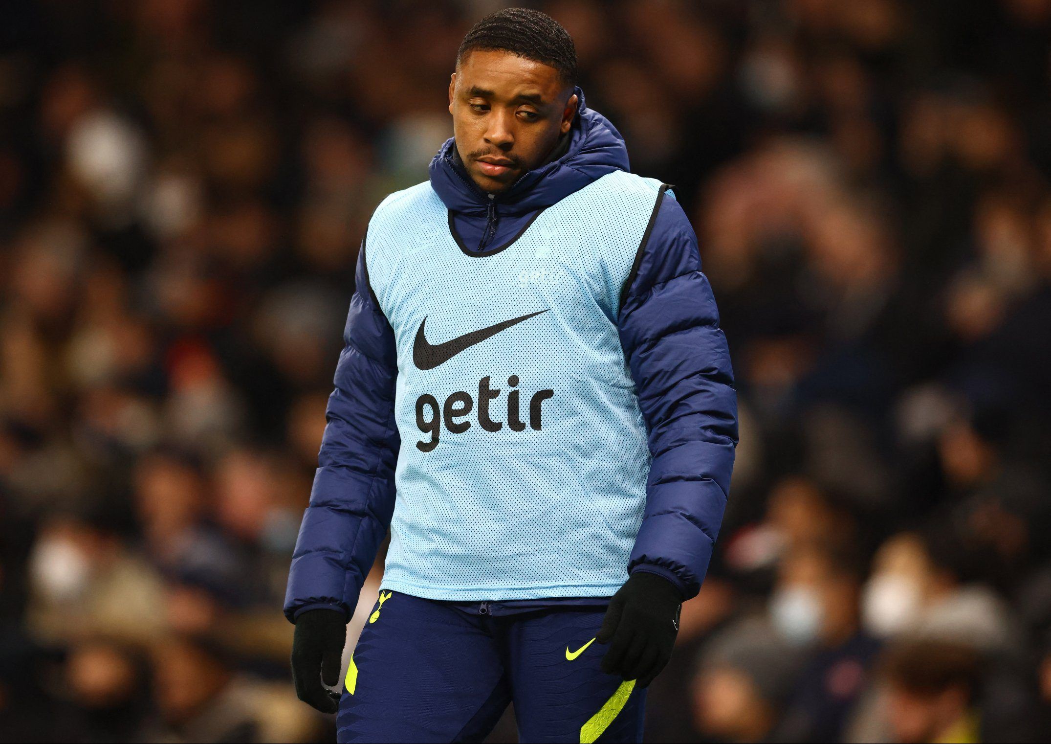 Spurs winger Steven Bergwijn looks on during warmup against Liverpool