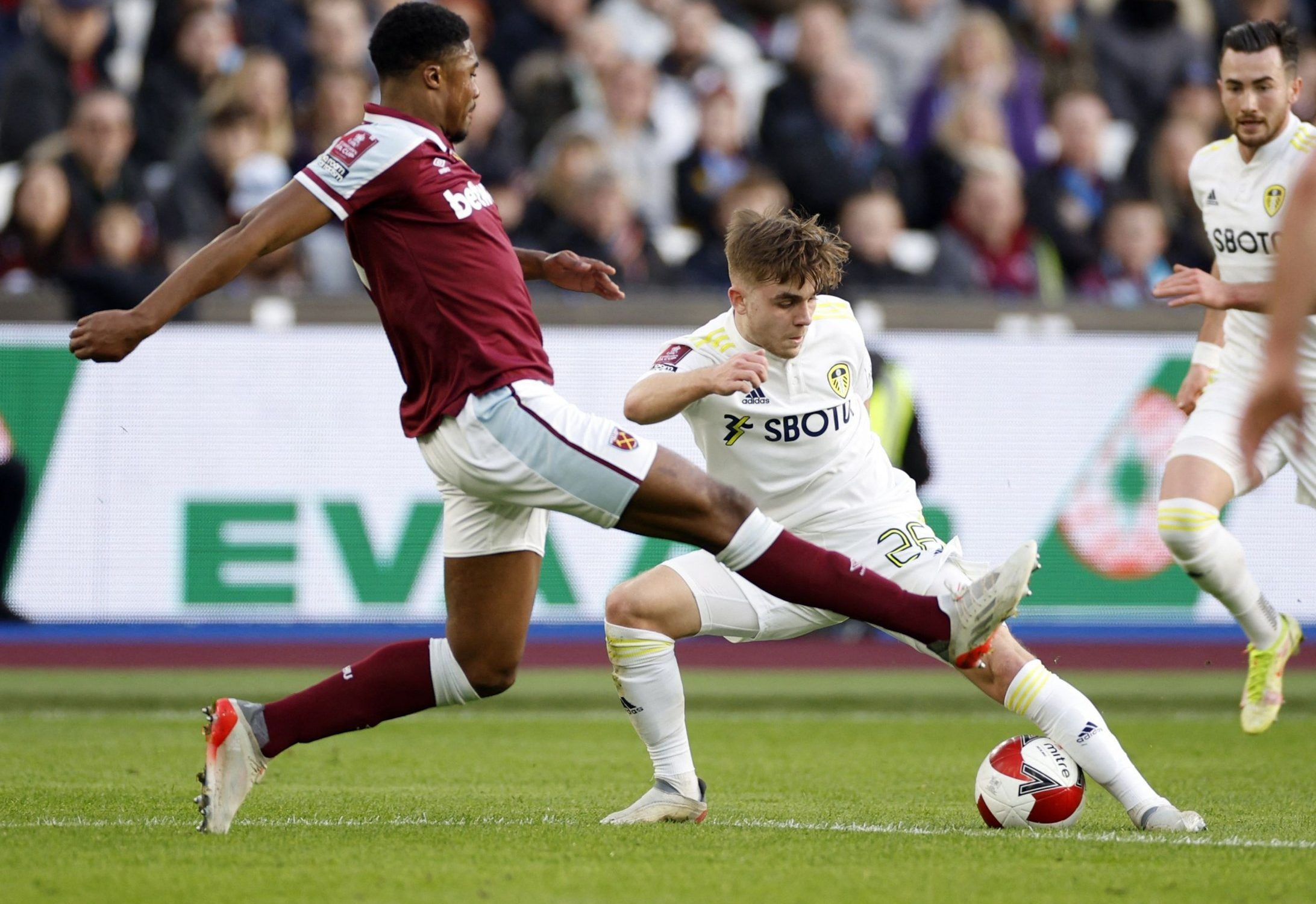 Leeds United midfielder Lewis Bate in action against West Ham in the FA Cup