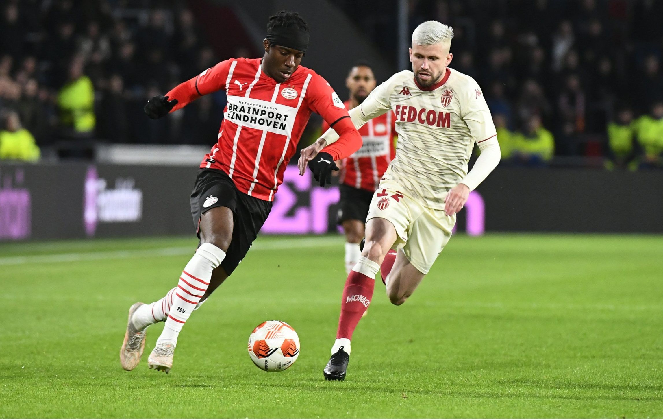 PSV Eindhoven's Noni Madueke in action against Monaco in the Europa League