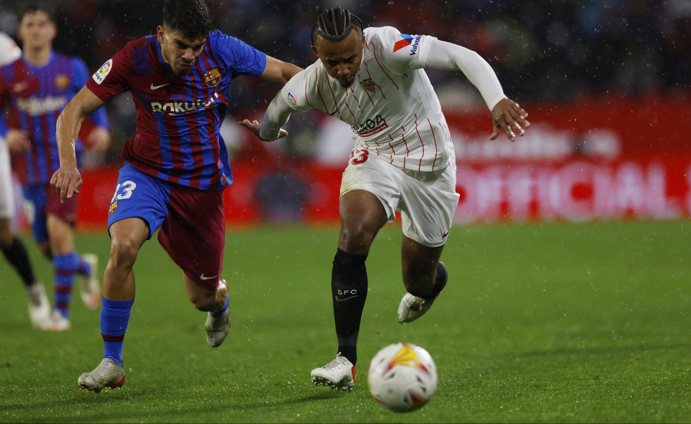 Sevilla defender Jules Kounde in action against Barcelona in LaLiga