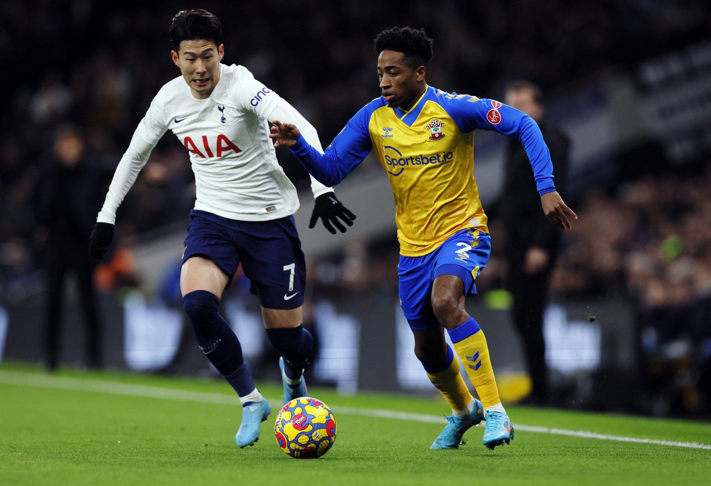 Southampton defender Kyle Walker-Peters in action against Spurs star Heung-min Son