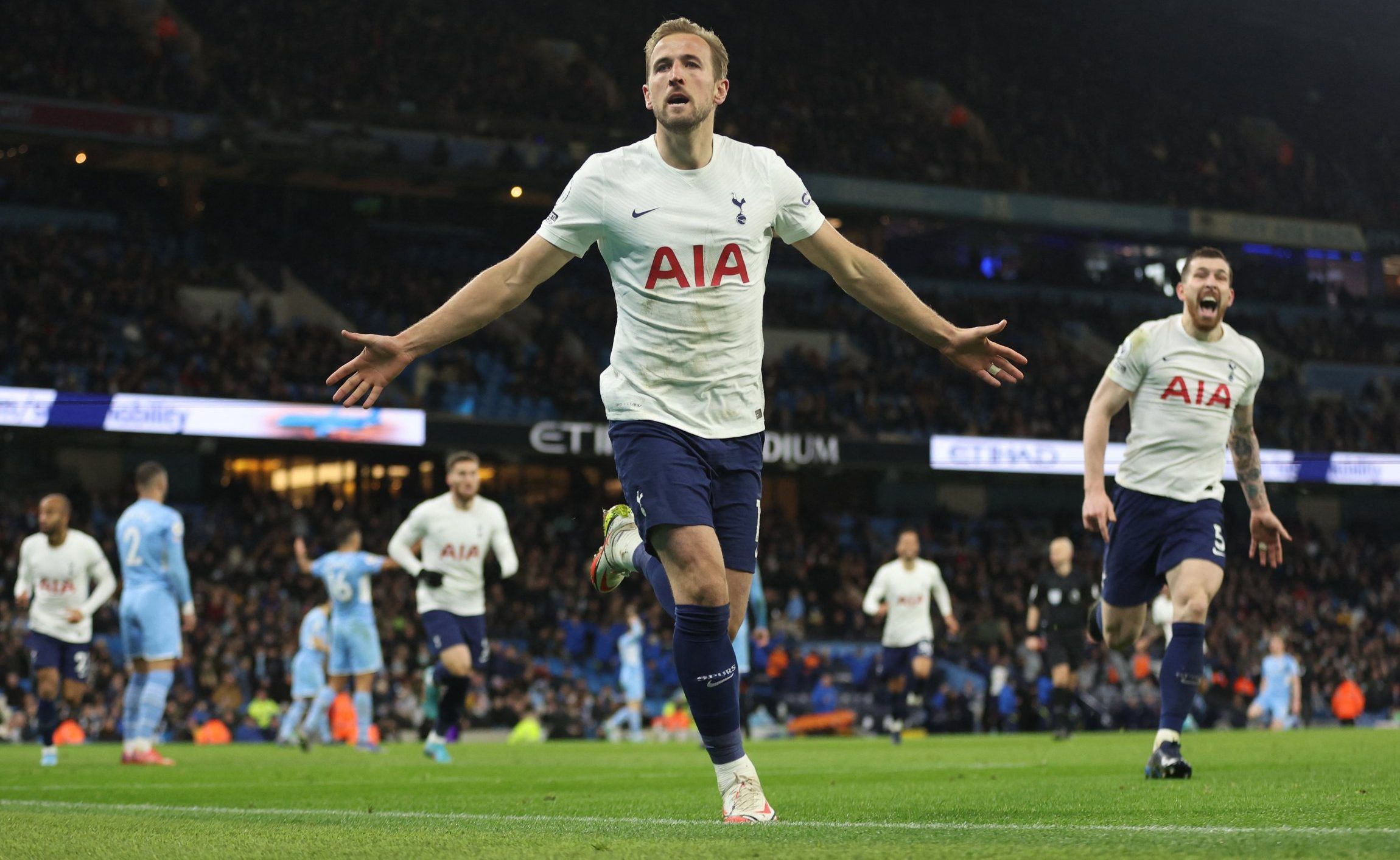 Spurs striker Harry Kane celebrates scoring the winner against Man City in the Premier League