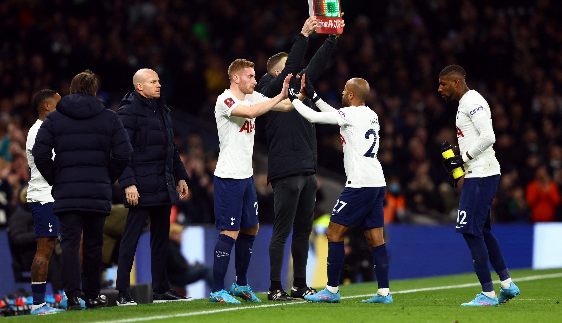 Spurs winger Lucas Moura is subtituted for Dejan Kulusevski vs Brighton in the FA Cup