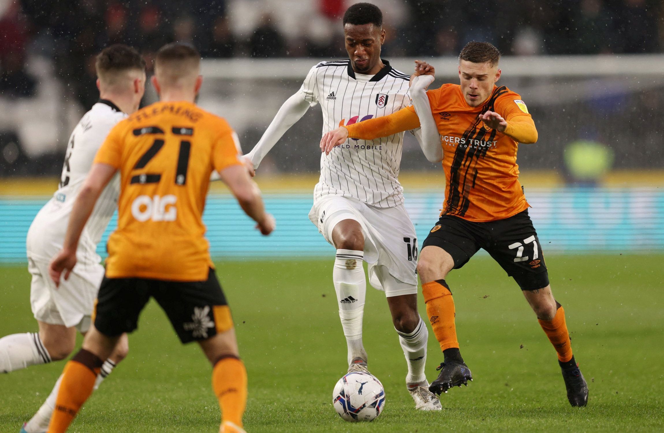  Tosin Adarabioyo of Fulham in action against Hull City during the Sky Bet Championship match at the MKM Stadium, Kingston upon Hull.