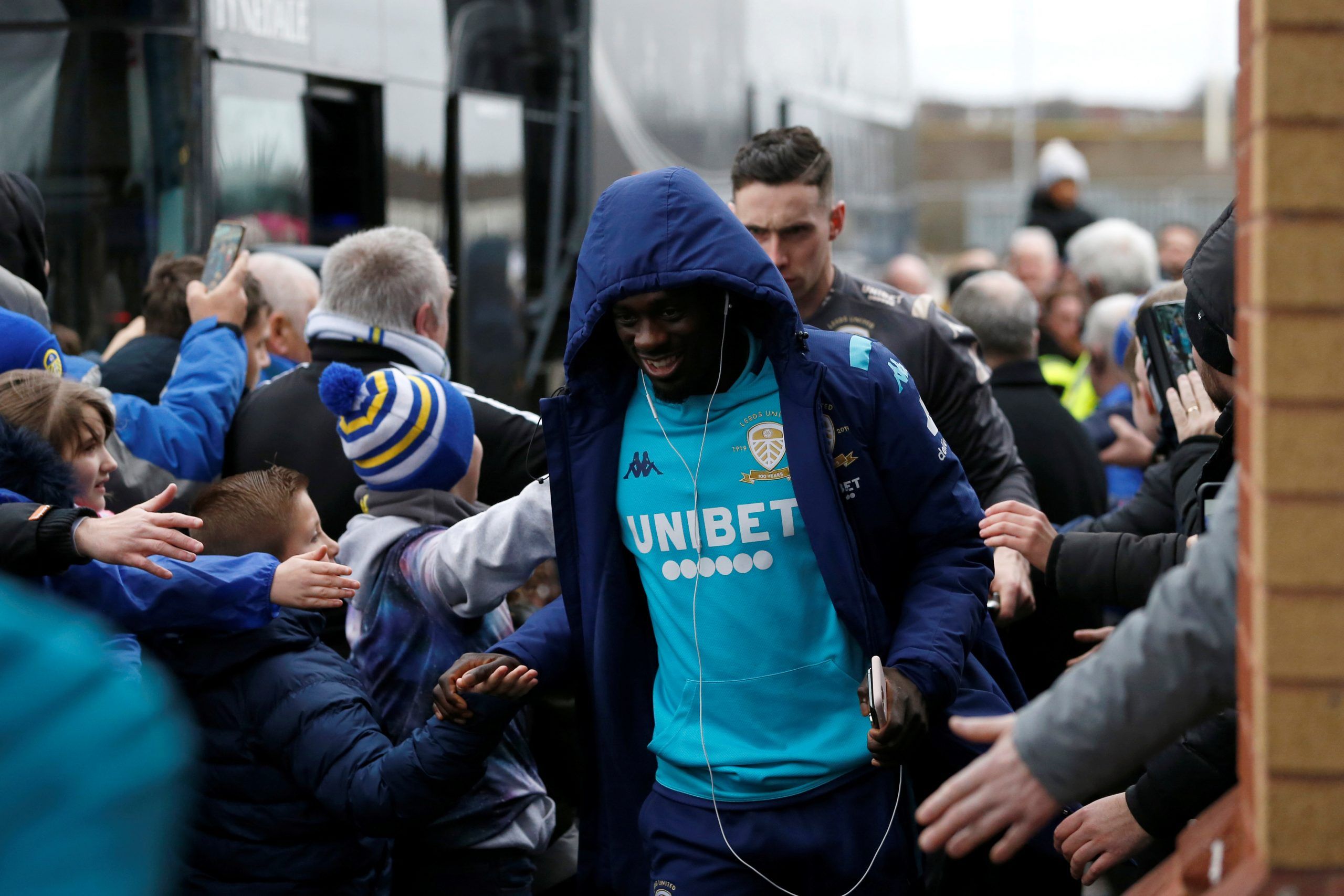Soccer Football - Championship - Leeds United v Bristol City - Elland Road, Leeds, Britain - February 15, 2020  Leeds United's Jean-Kevin Augustin arrives outside the stadium before the match  Action Images/Ed Sykes  EDITORIAL USE ONLY. No use with unauthorized audio, video, data, fixture lists, club/league logos or 