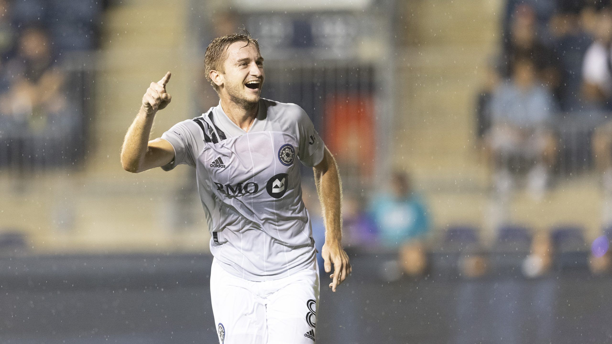 Aug 21, 2021; Chester, Pennsylvania, USA; CF Montreal midfielder Djordje Mihailovic (8) reacts after scoring a goal against the Philadelphia Union in the first half at Subaru Park. Mandatory Credit: Mitchell Leff-USA TODAY Sports