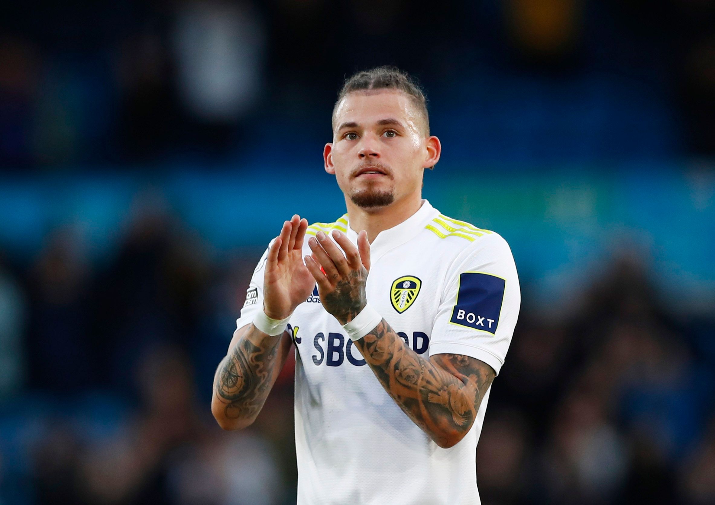 Soccer Football - Premier League - Leeds United v Leicester City - Elland Road, Leeds, Britain - November 7, 2021  Leeds United's Kalvin Phillips applauds fans after the match Action Images via Reuters/Jason Cairnduff EDITORIAL USE ONLY. No use with unauthorized audio, video, data, fixture lists, club/league logos or 'live' services. Online in-match use limited to 75 images, no video emulation. No use in betting, games or single club /league/player publications.  Please contact your account repr