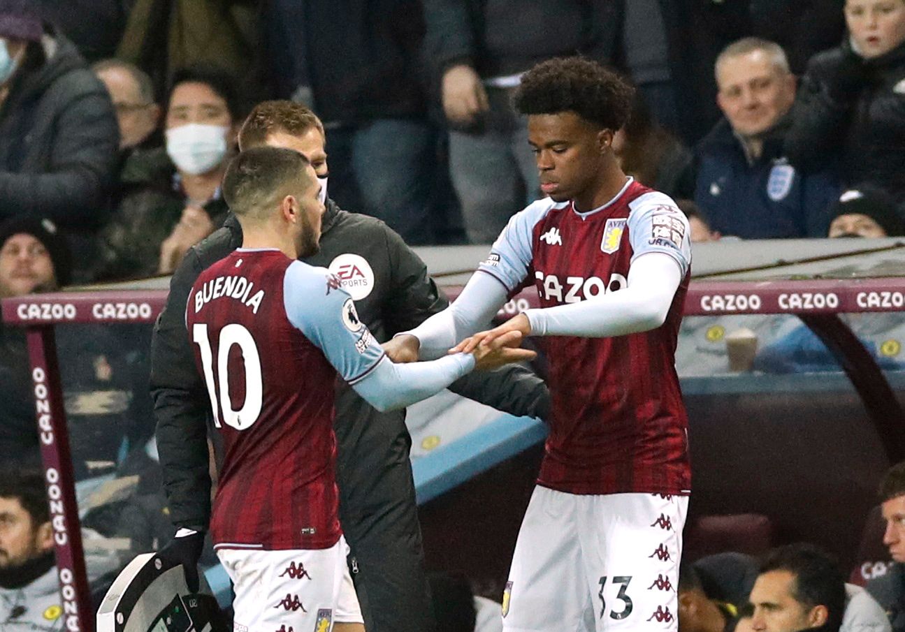 Soccer Football - Premier League - Aston Villa v Chelsea - Villa Park, Birmingham, Britain - December 26, 2021 Aston Villa's Carney Chukwuemeka comes on as a substitute to replace Emiliano Buendia Action Images via Reuters/Andrew Boyers EDITORIAL USE ONLY. No use with unauthorized audio, video, data, fixture lists, club/league logos or 'live' services. Online in-match use limited to 75 images, no video emulation. No use in betting, games or single club /league/player publications.  Please contac