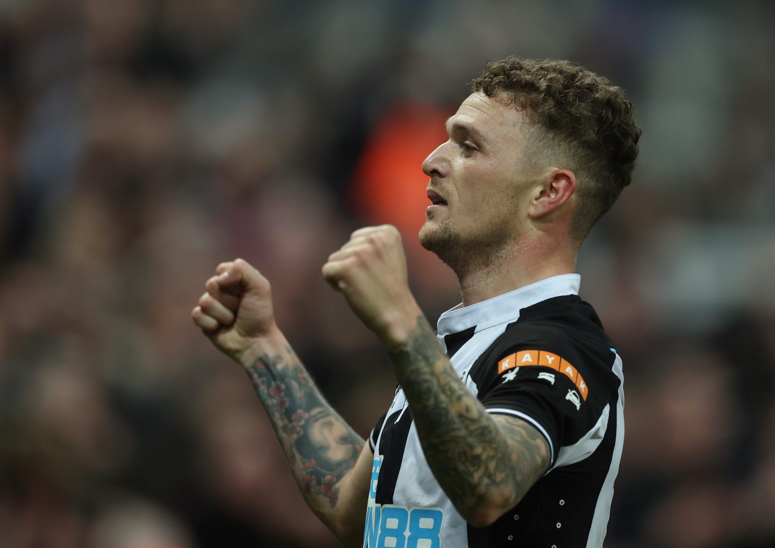 Soccer Football - Premier League - Newcastle United v Everton - St James' Park, Newcastle, Britain - February 8, 2022 Newcastle United's Kieran Trippier celebrates scoring their third goal Action Images via Reuters/Lee Smith EDITORIAL USE ONLY. No use with unauthorized audio, video, data, fixture lists, club/league logos or 'live' services. Online in-match use limited to 75 images, no video emulation. No use in betting, games or single club /league/player publications.  Please contact your accou