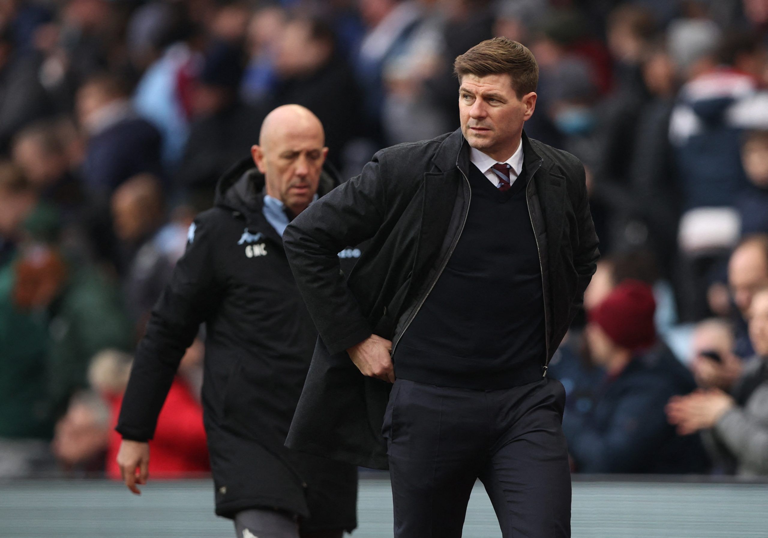 Soccer Football - Premier League - Aston Villa v Watford - Villa Park, Birmingham, Britain - February 19, 2022 Aston Villa manager Steven Gerrard at half time Action Images via Reuters/Molly Darlington EDITORIAL USE ONLY. No use with unauthorized audio, video, data, fixture lists, club/league logos or 'live' services. Online in-match use limited to 75 images, no video emulation. No use in betting, games or single club /league/player publications.  Please contact your account representative for f