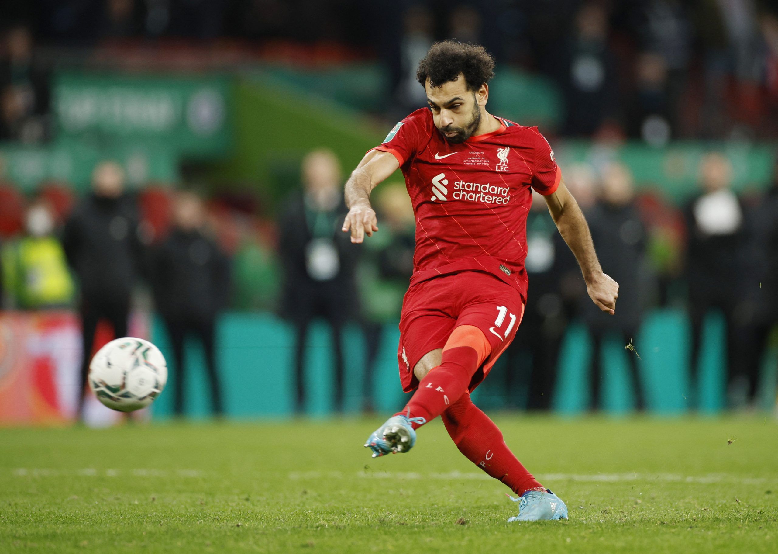 Soccer Football - Carabao Cup Final - Chelsea v Liverpool - Wembley Stadium, London, Britain - February  27, 2022  Liverpool's Mohamed Salah scores a penalty during the shoot-out Action Images via Reuters/John Sibley