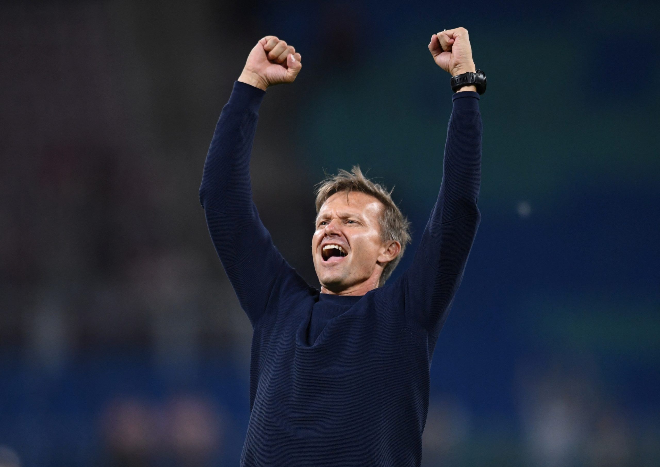 FILE PHOTO: Soccer Football - Bundesliga - RB Leipzig v VfB Stuttgart - Red Bull Arena, Leipzig, Germany - August 20, 2021. RB Leipzig coach Jesse Marsch celebrates after the match REUTERS/Annegret Hilse/File Photo DFL regulations prohibit any use of photographs as image sequences and/or quasi-video.