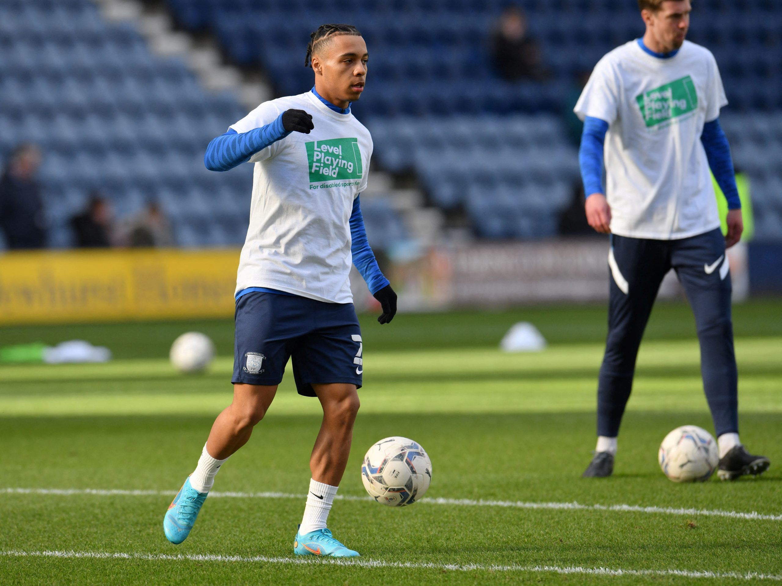 Soccer Football - Championship - Preston North End v AFC Bournemouth - Deepdale, Preston, Britain - March 5, 2022  Preston North End's Cameron Archer during the warm up before the match  Action Images/Paul Burrows  EDITORIAL USE ONLY. No use with unauthorized audio, video, data, fixture lists, club/league logos or 