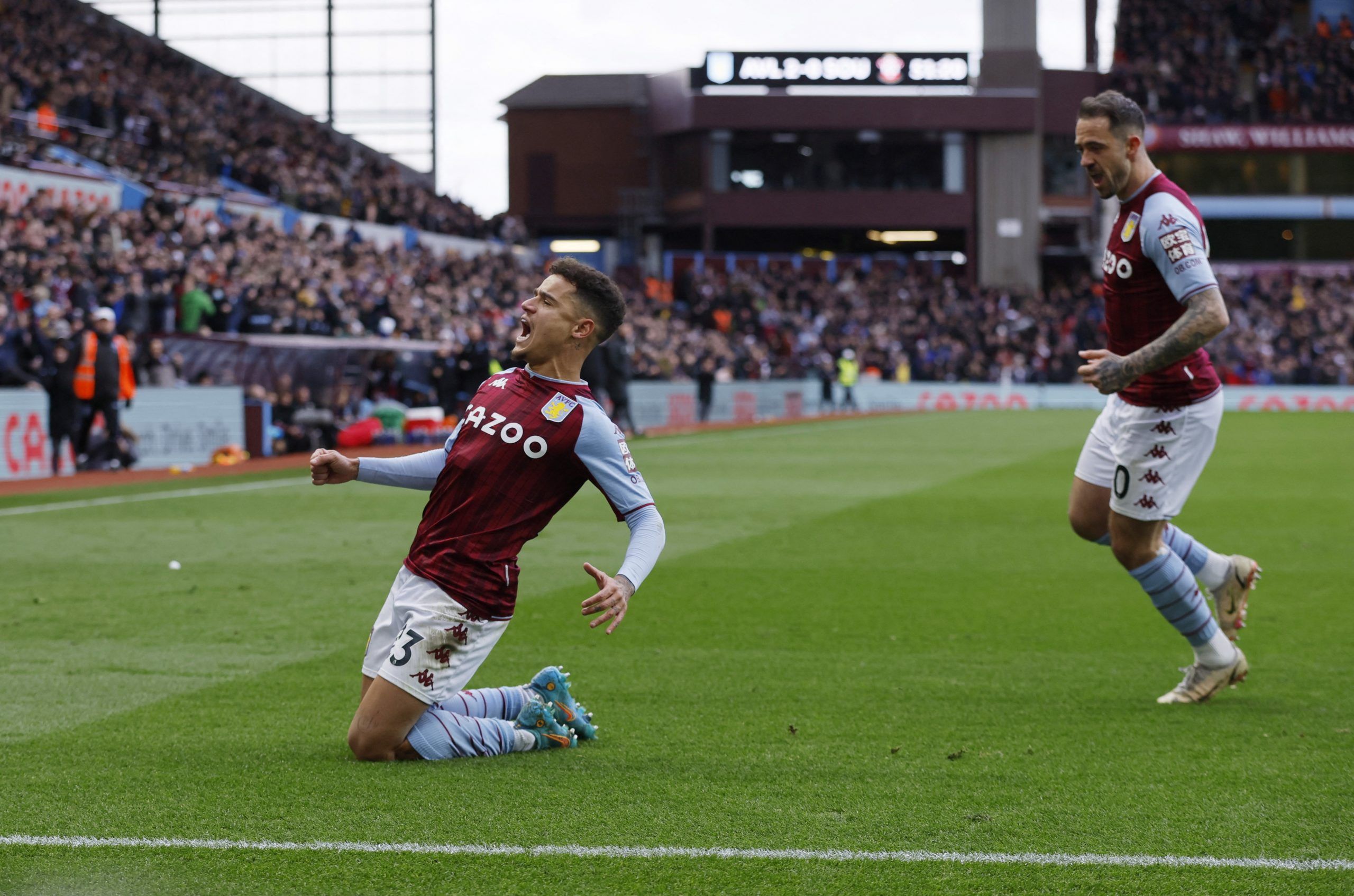 Soccer Football - Premier League - Aston Villa v Southampton - Villa Park, Birmingham, Britain - March 5, 2022 Aston Villa's Philippe Coutinho celebrates scoring their third goal Action Images via Reuters/Andrew Couldridge EDITORIAL USE ONLY. No use with unauthorized audio, video, data, fixture lists, club/league logos or 'live' services. Online in-match use limited to 75 images, no video emulation. No use in betting, games or single club /league/player publications.  Please contact your account