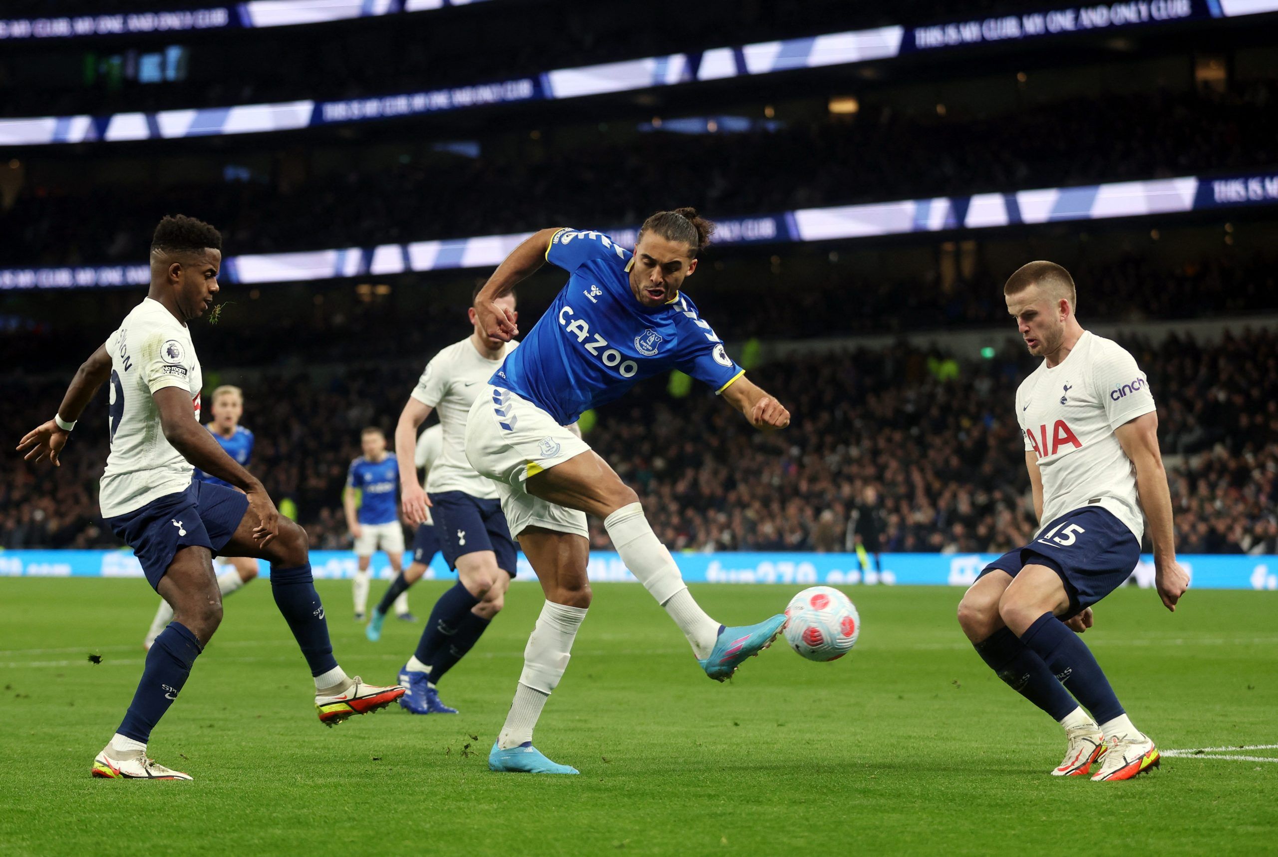Soccer Football - Premier League - Tottenham Hotspur v Everton - Tottenham Hotspur Stadium, London, Britain - March 7, 2022 Everton's Dominic Calvert-Lewin in action with Tottenham Hotspur's Eric Dier Action Images via Reuters/Matthew Childs EDITORIAL USE ONLY. No use with unauthorized audio, video, data, fixture lists, club/league logos or 'live' services. Online in-match use limited to 75 images, no video emulation. No use in betting, games or single club /league/player publications.  Please c