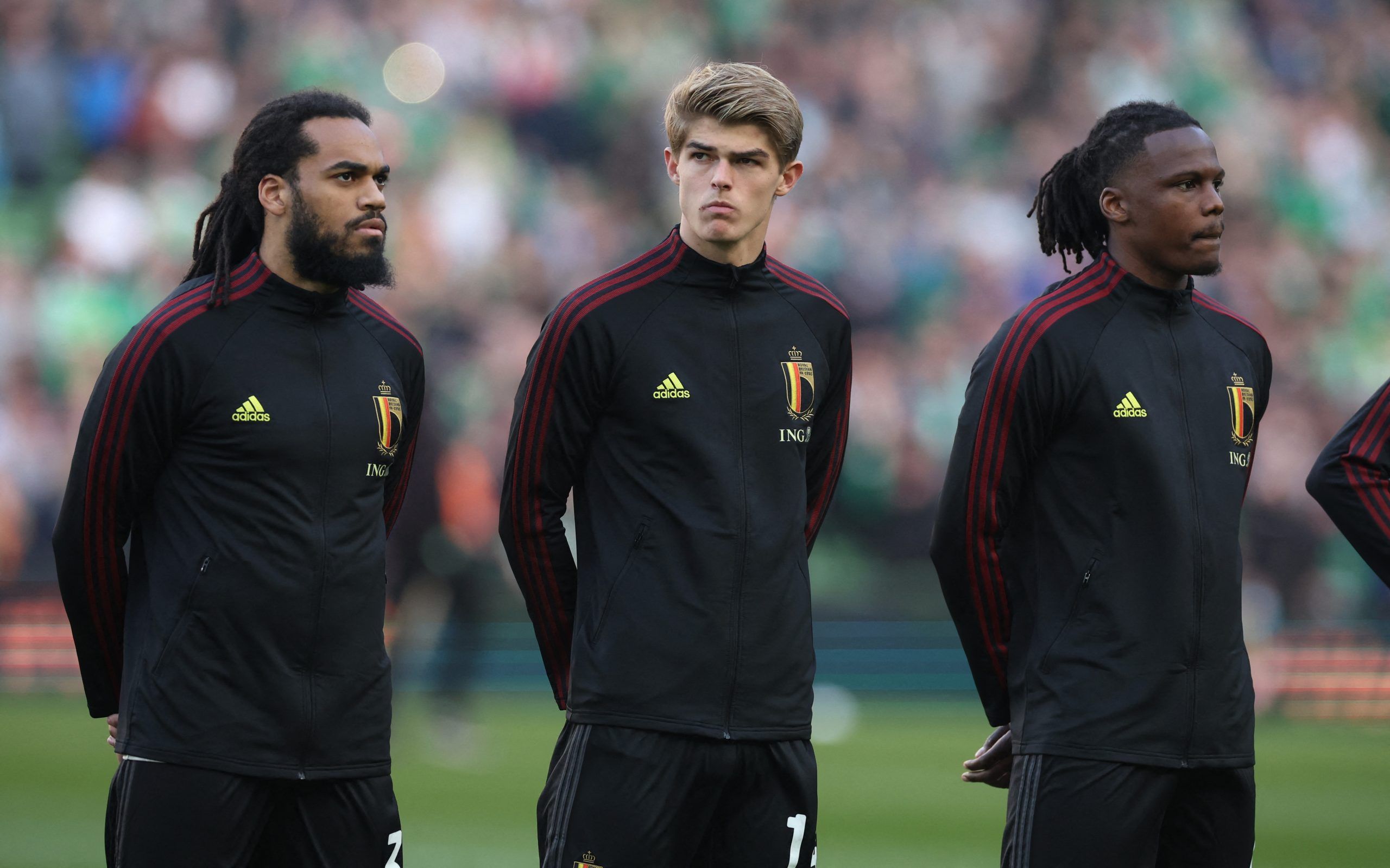 Soccer Football - International Friendly - Republic of Ireland v Belgium - Aviva Stadium, Dublin, Republic of Ireland - March 26, 2022 Belgium's Charles De Ketelaere with teammates line up during the national anthems before the match REUTERS/Phil Noble