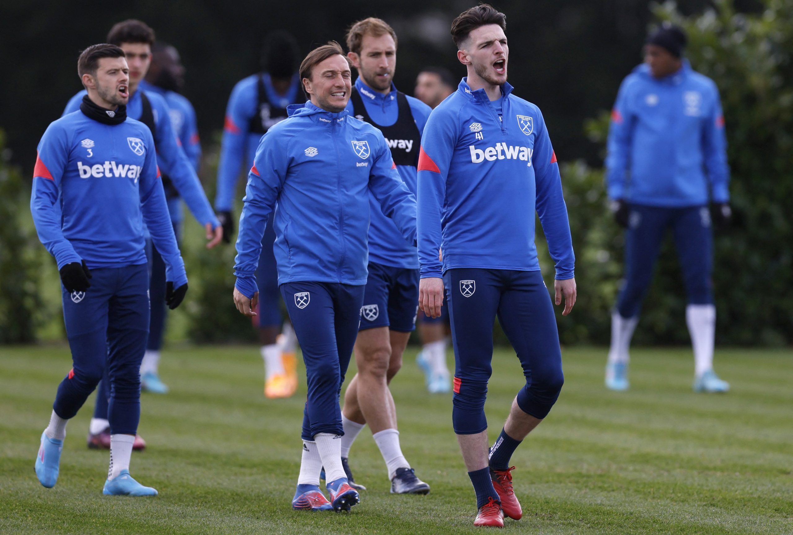 Soccer Football - Europa League - West Ham United Training - Rush Green, Romford, Britain - March 9, 2022 West Ham United's Declan Rice, Aaron Cresswell and Mark Noble during training Action Images via Reuters/Andrew Couldridge