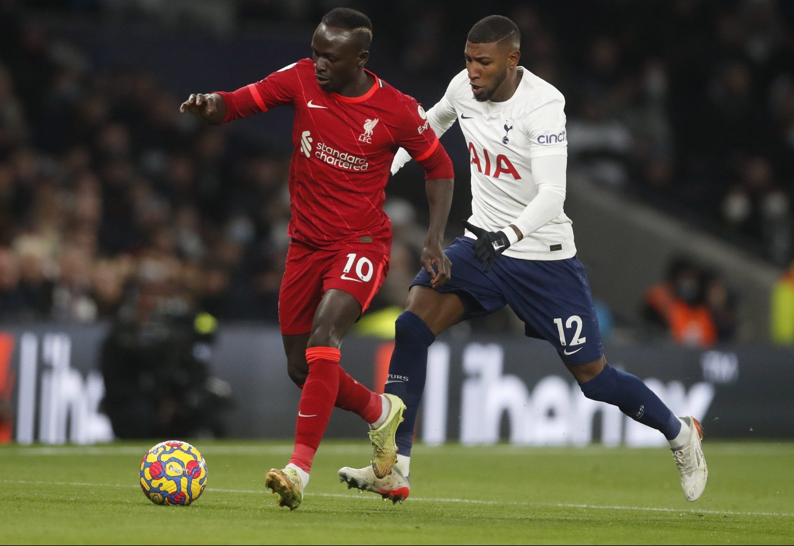 Soccer Football - Premier League - Tottenham Hotspur v Liverpool - Tottenham Hotspur Stadium, London, Britain - December 19, 2021 Liverpool's Sadio Mane in action with Tottenham Hotspur's Emerson Royal Action Images via Reuters/Matthew Childs EDITORIAL USE ONLY. No use with unauthorized audio, video, data, fixture lists, club/league logos or 'live' services. Online in-match use limited to 75 images, no video emulation. No use in betting, games or single club /league/player publications.  Please 