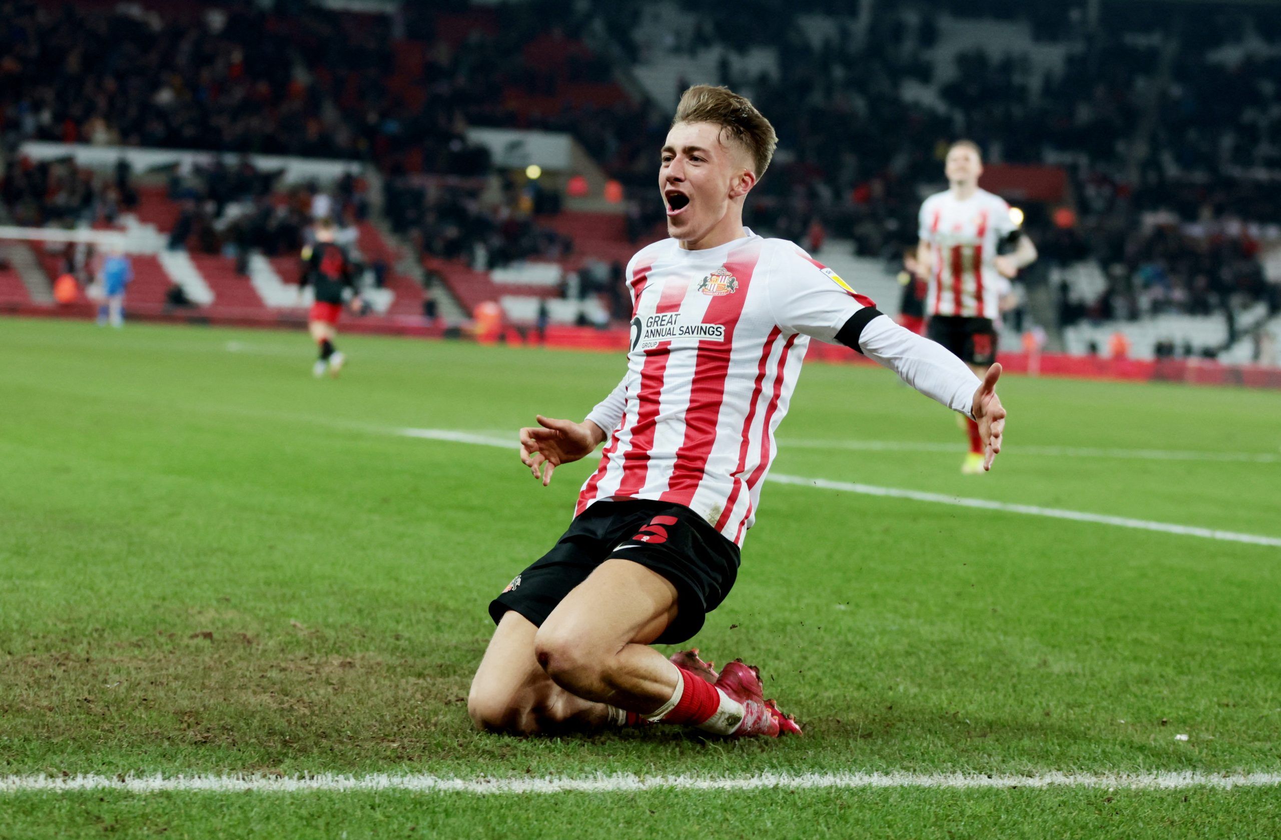Soccer Football - League One - Sunderland v Fleetwood Town - Stadium of Light, Sunderland, Britain - March 8, 2022  Sunderland?s Jack Clark celebrates scoring their third goal   Action Images/Lee Smith  EDITORIAL USE ONLY. No use with unauthorized audio, video, data, fixture lists, club/league logos or 