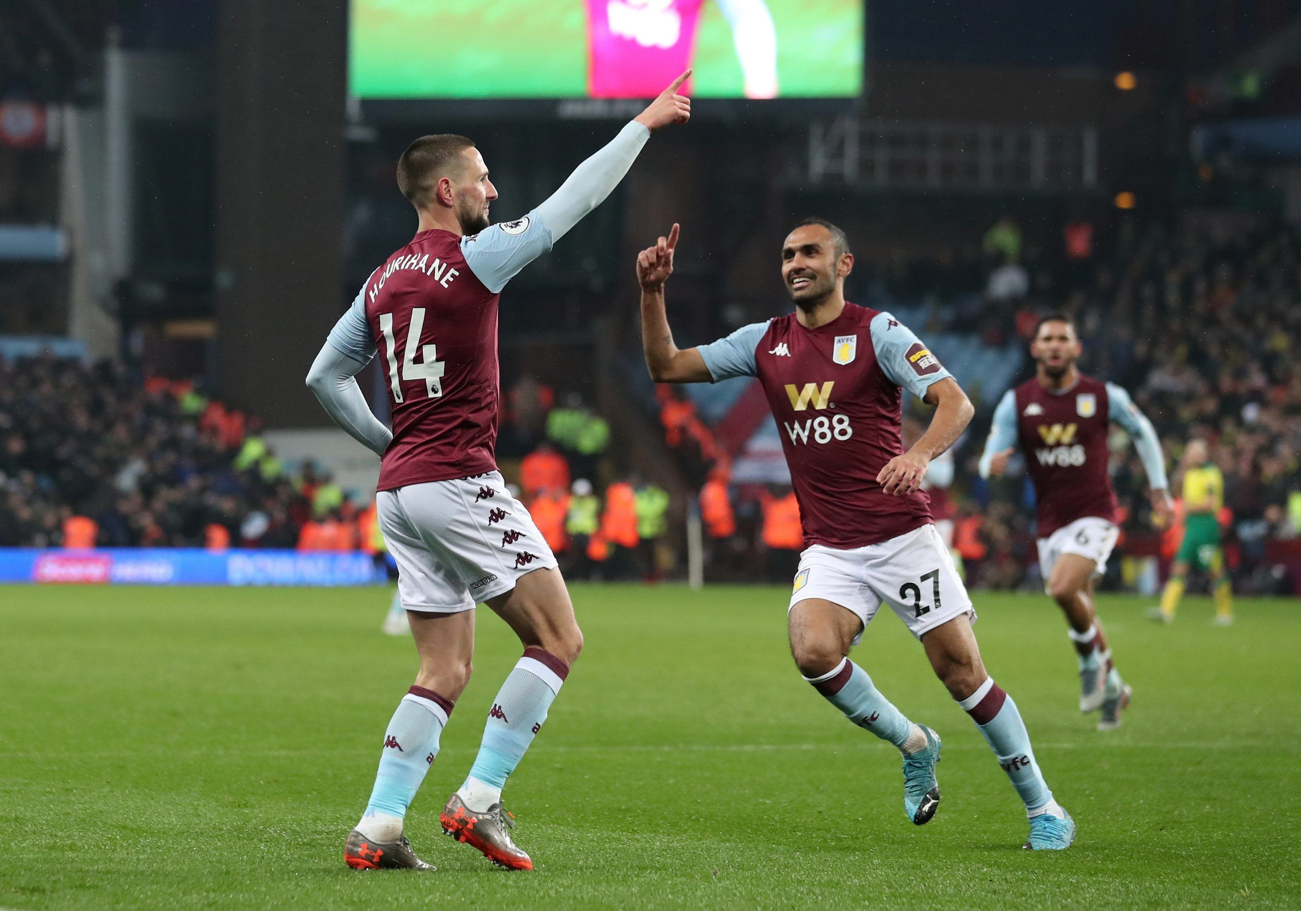 Soccer Football - Premier League - Aston Villa v Norwich City - Villa Park, Birmingham, Britain - December 26, 2019  Aston Villa's Conor Hourihane celebrates scoring their first goal with Ahmed Elmohamady  REUTERS/Jon Super  EDITORIAL USE ONLY. No use with unauthorized audio, video, data, fixture lists, club/league logos or 