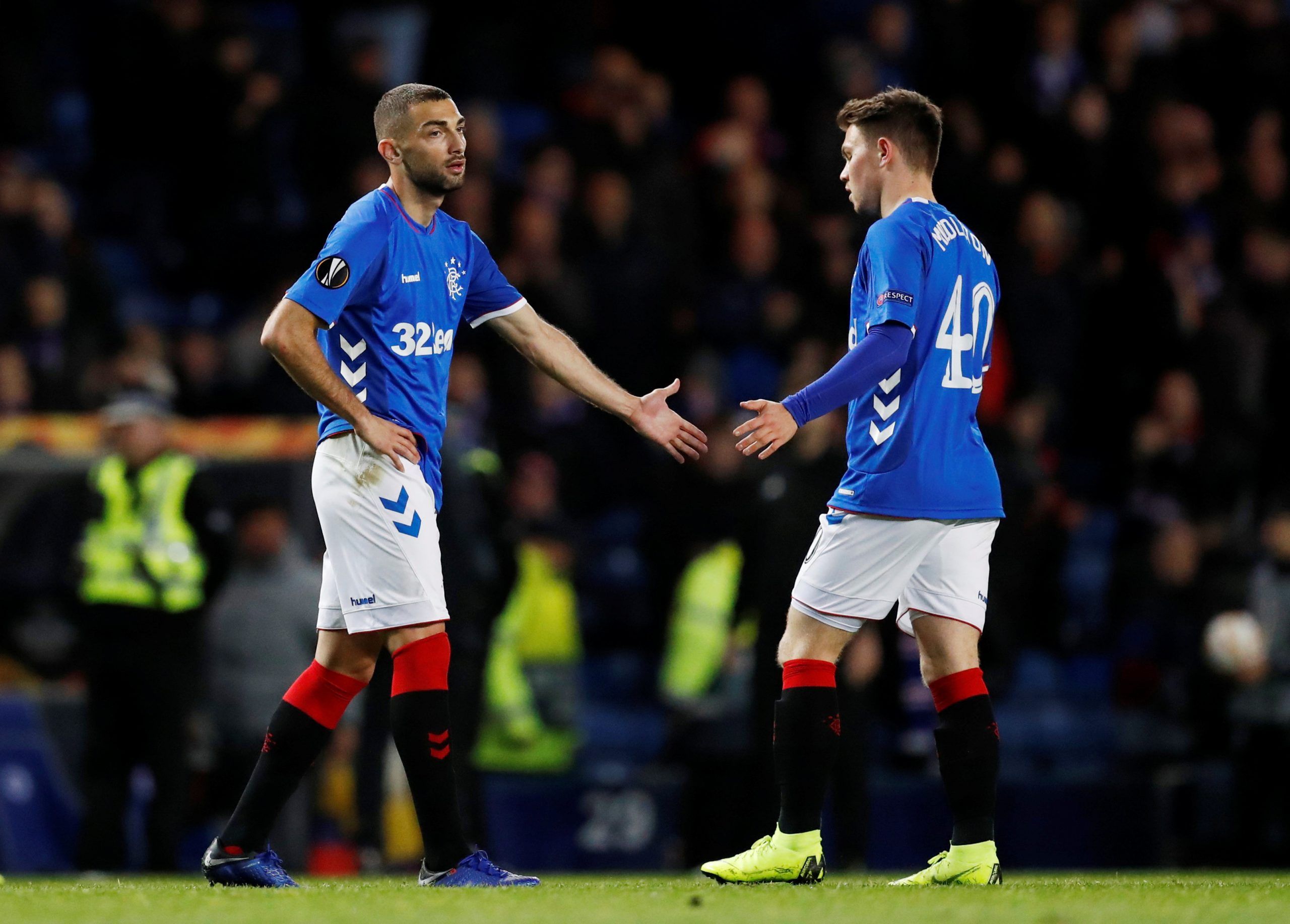 Soccer Football - Europa League - Group Stage - Group G - Rangers v Spartak Moscow - Ibrox, Glasgow, Britain - October 25, 2018  Rangers' Eros Grezda and Glenn Middleton after the match     REUTERS/Russell Cheyne