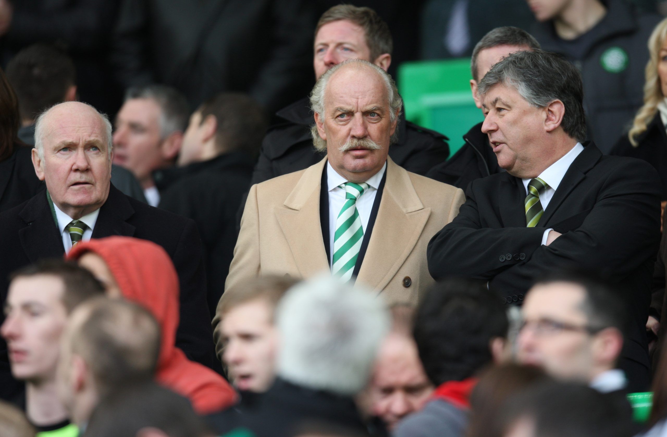 Football - Celtic v Rangers - Clydesdale Bank Scottish Premier League - Celtic Park - 10/11 - 20/2/11 
(L-R) - Celtic Chairman Dr John Reid, Independent Non Executive Director Dermot Desmond and Chief Executive Peter Lawwell in the stands 
Mandatory Credit: Action Images / Carl Recine