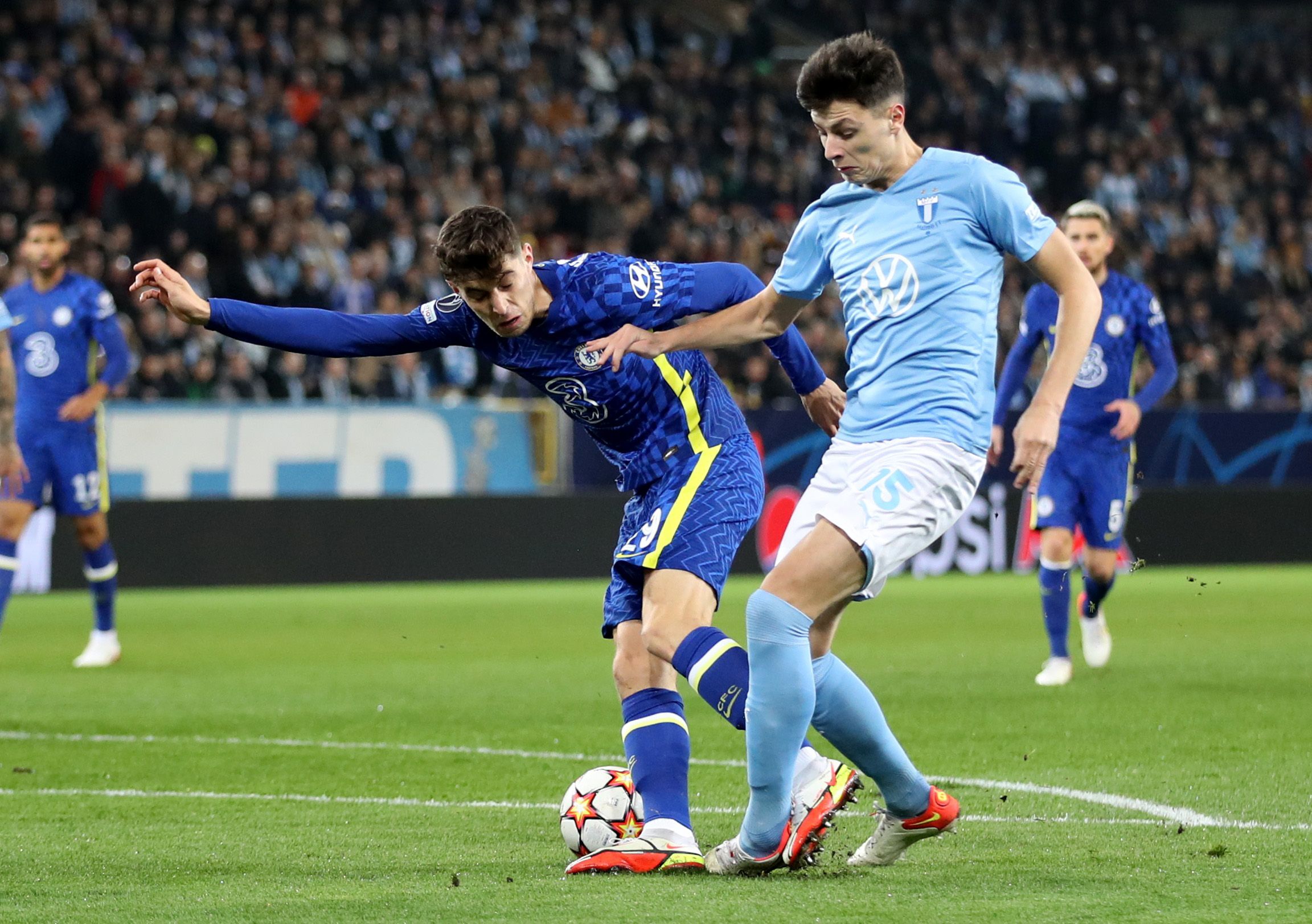 Chelsea's Kai Havertz in action with Malmo FF's Anel Ahmedhodzic Soccer Football - Champions League - Group H - Malmo FF v Chelsea - Eleda Stadion, Malmo, Sweden - November 2, 2021 Chelsea's Kai Havertz in action with Malmo FF's Anel Ahmedhodzic Action Images via Reuters/Carl Recine