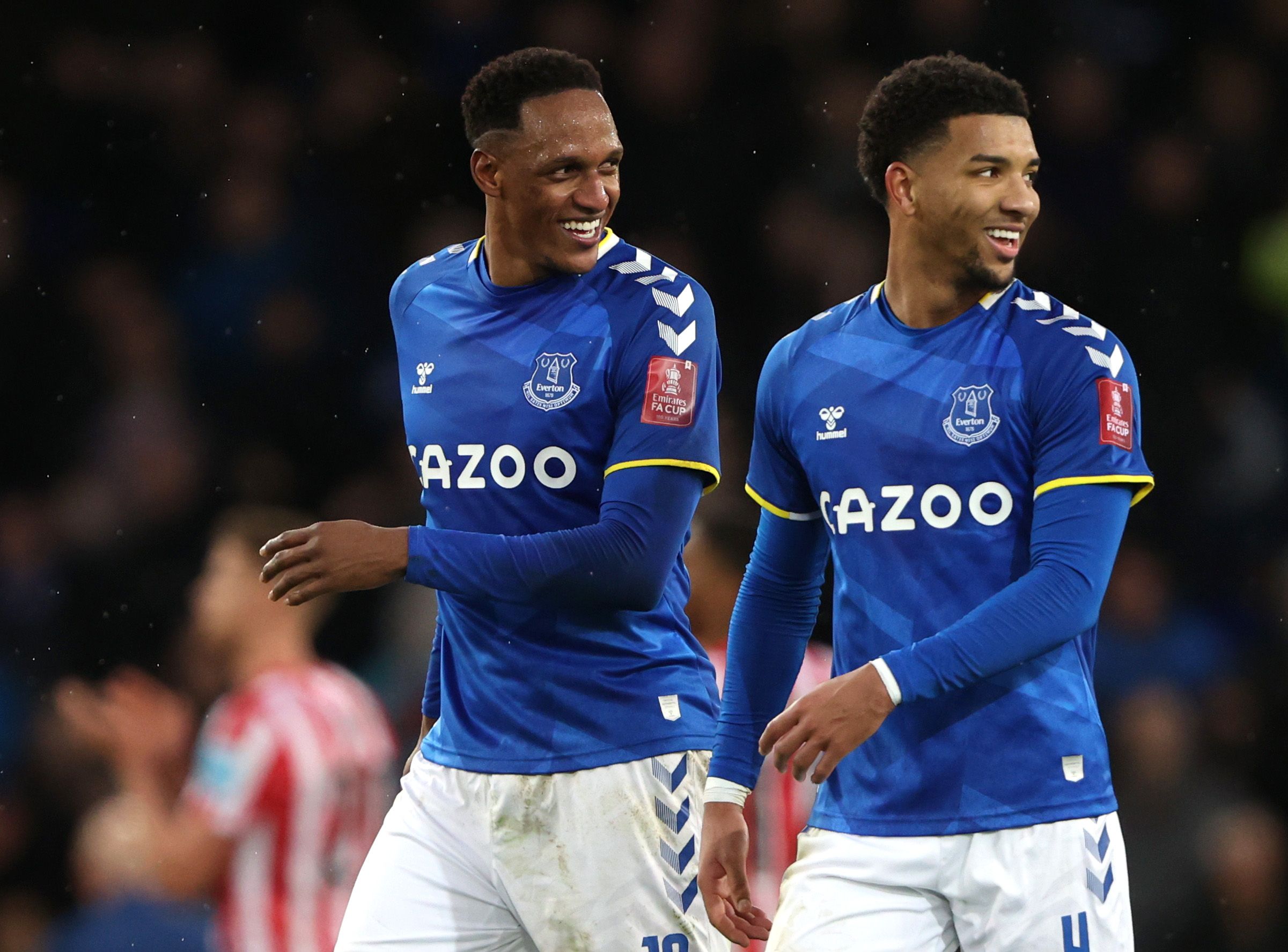 Soccer Football - FA Cup - Fourth Round - Everton v Brentford - Goodison Park, Liverpool, Britain - February 5, 2022 Everton's Yerry Mina and Mason Holgate celebrate after the match Action Images via Reuters/Molly Darlington