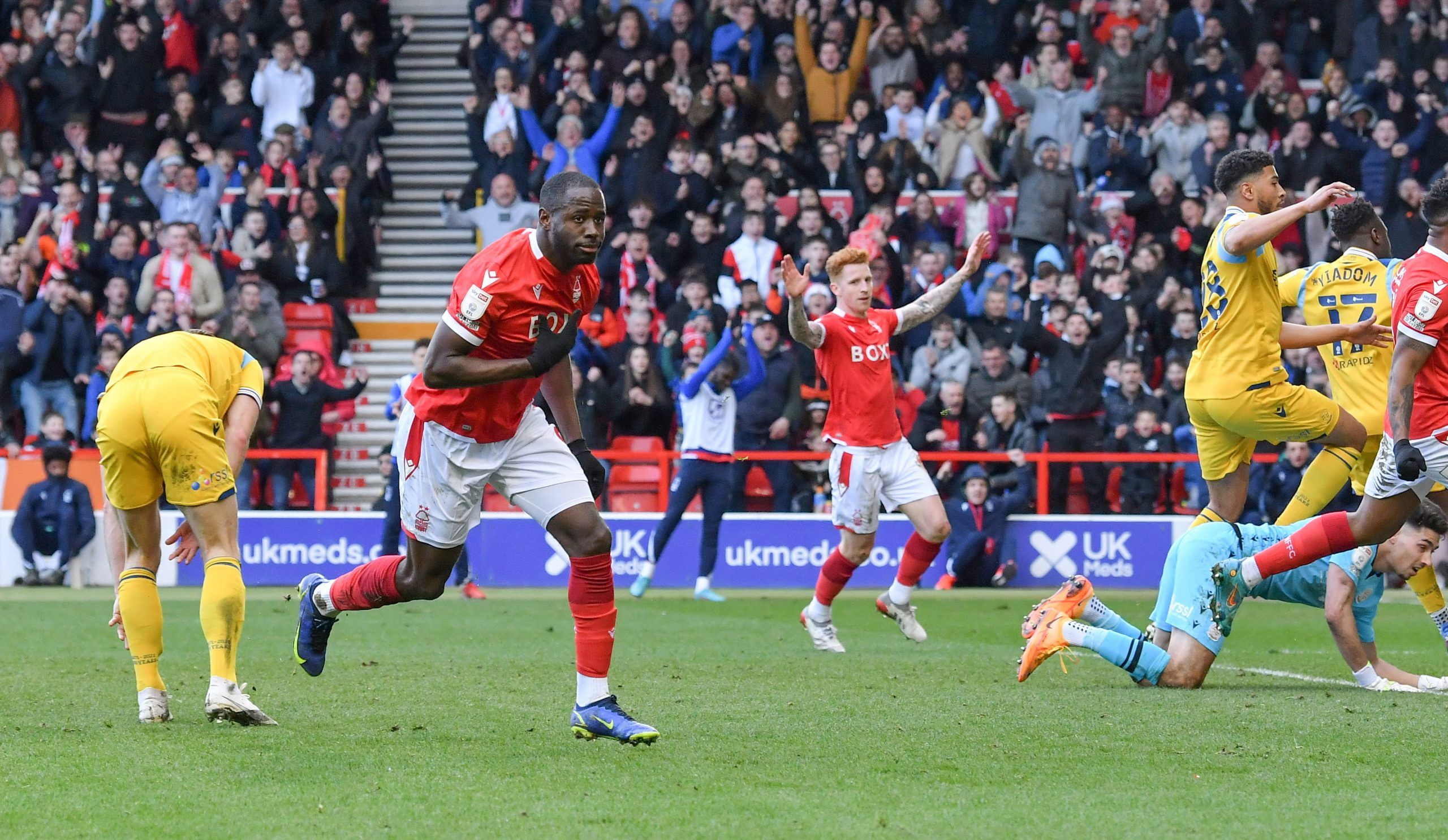Soccer Football - Championship - Nottingham Forest v Reading - The City Ground, Nottingham, Britain - March 12, 2022  Nottingham Forest's Keinan Davis celebrates scoring their second goal   Action Images/Paul Burrows  EDITORIAL USE ONLY. No use with unauthorized audio, video, data, fixture lists, club/league logos or 