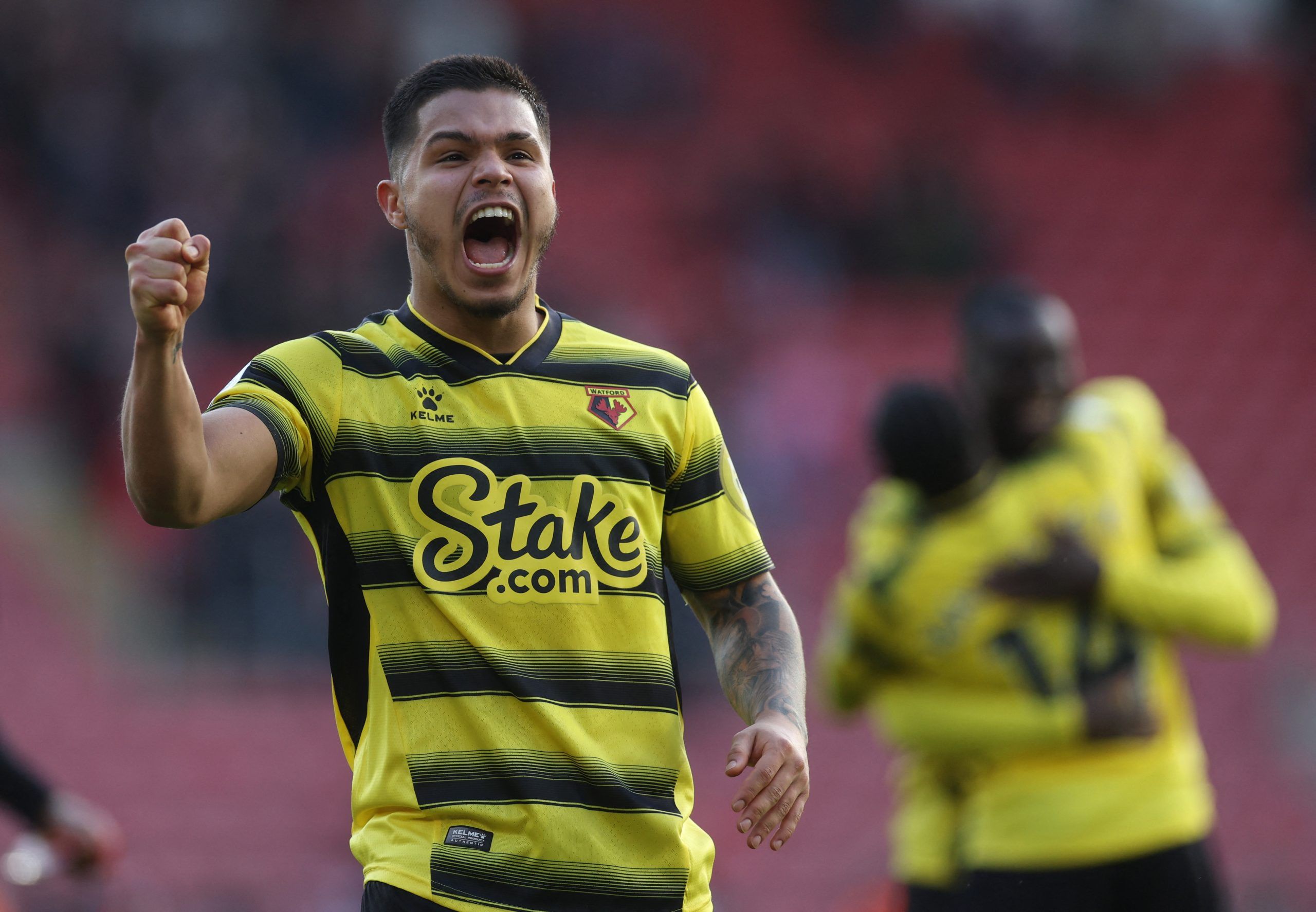 Soccer Football - Premier League - Southampton v Watford - St Mary's Stadium, Southampton, Britain - March 13, 2022 Watford's Cucho Hernandez celebrates after the match Action Images via Reuters/Paul Childs EDITORIAL USE ONLY. No use with unauthorized audio, video, data, fixture lists, club/league logos or 'live' services. Online in-match use limited to 75 images, no video emulation. No use in betting, games or single club /league/player publications.  Please contact your account representative 