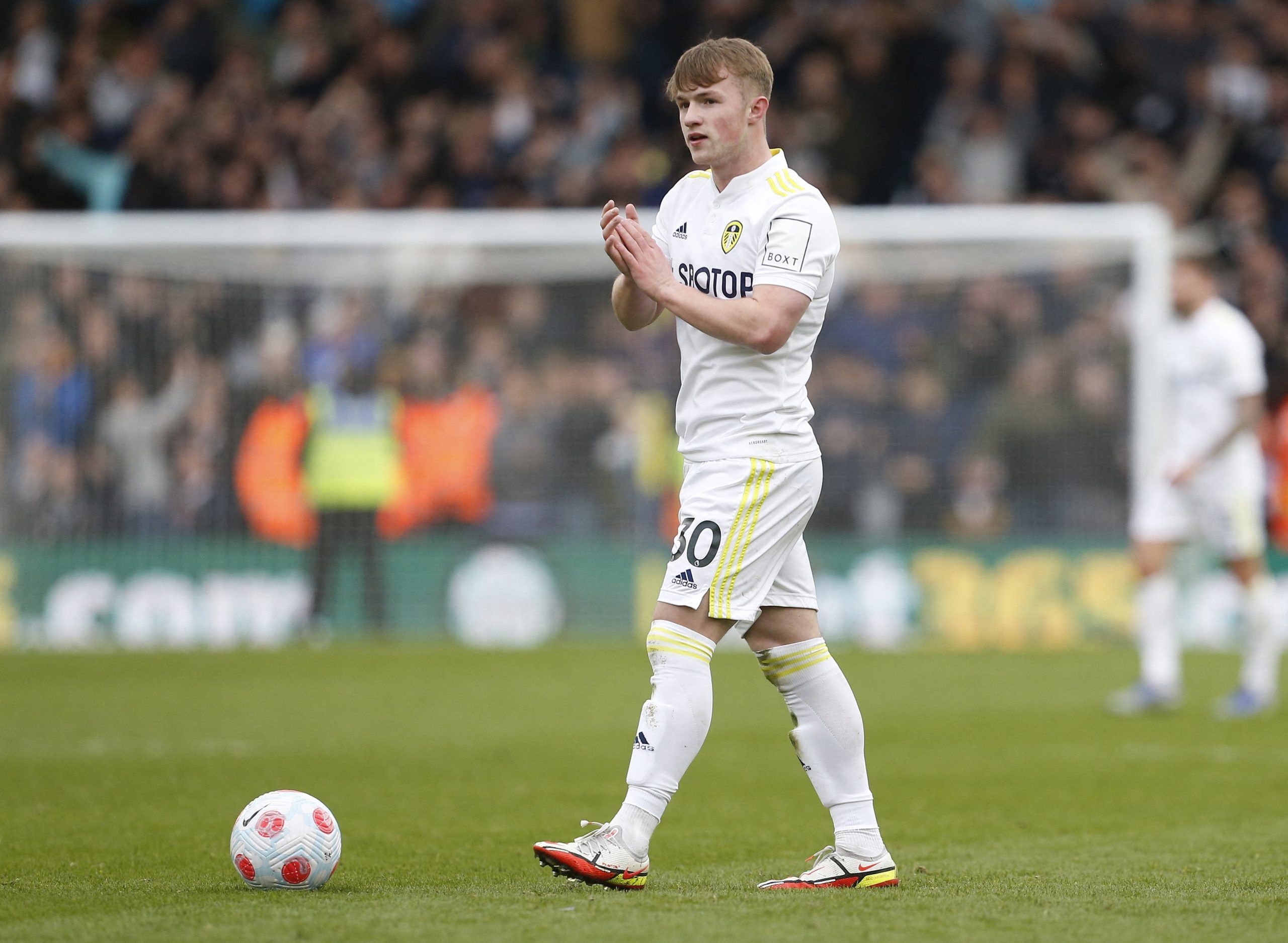 Soccer Football - Premier League - Leeds United v Norwich City - Elland Road, Leeds, Britain - March 13, 2022  Leeds United's Joe Gelhardt celebrates after the match REUTERS/Craig Brough EDITORIAL USE ONLY. No use with unauthorized audio, video, data, fixture lists, club/league logos or 'live' services. Online in-match use limited to 75 images, no video emulation. No use in betting, games or single club /league/player publications.  Please contact your account representative for further details.