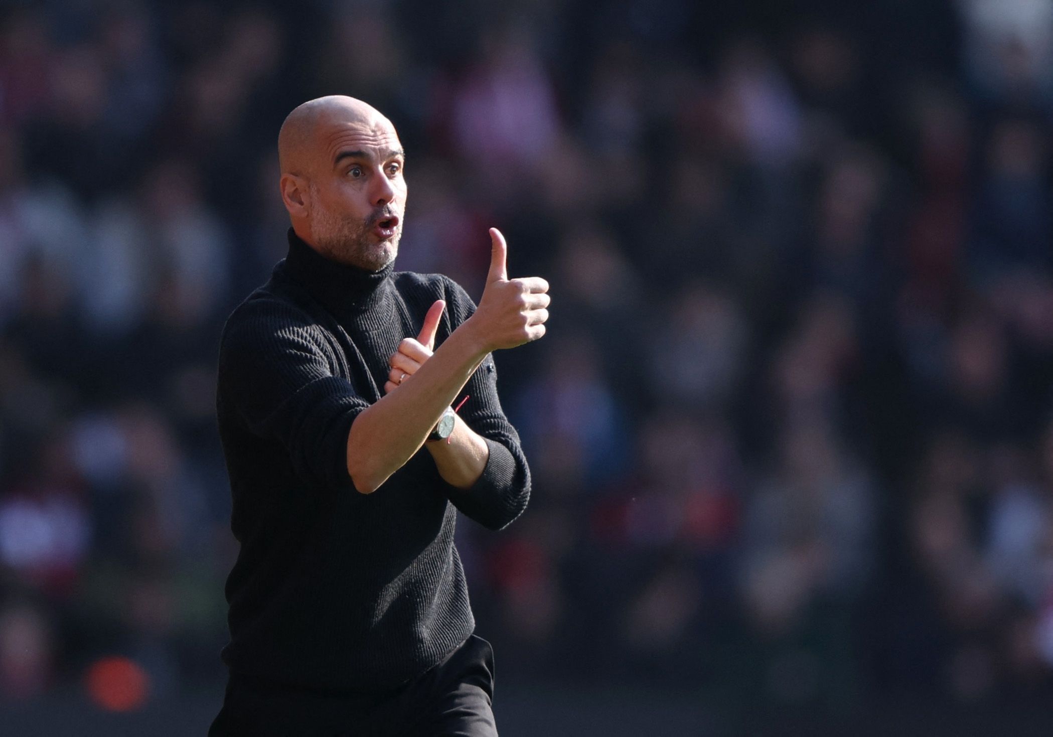 Soccer Football - FA Cup Quarter Final - Southampton v Manchester City - St Mary's Stadium, Southampton, Britain - March 20, 2022 Manchester City manager Pep Guardiola reacts REUTERS/Ian Walton