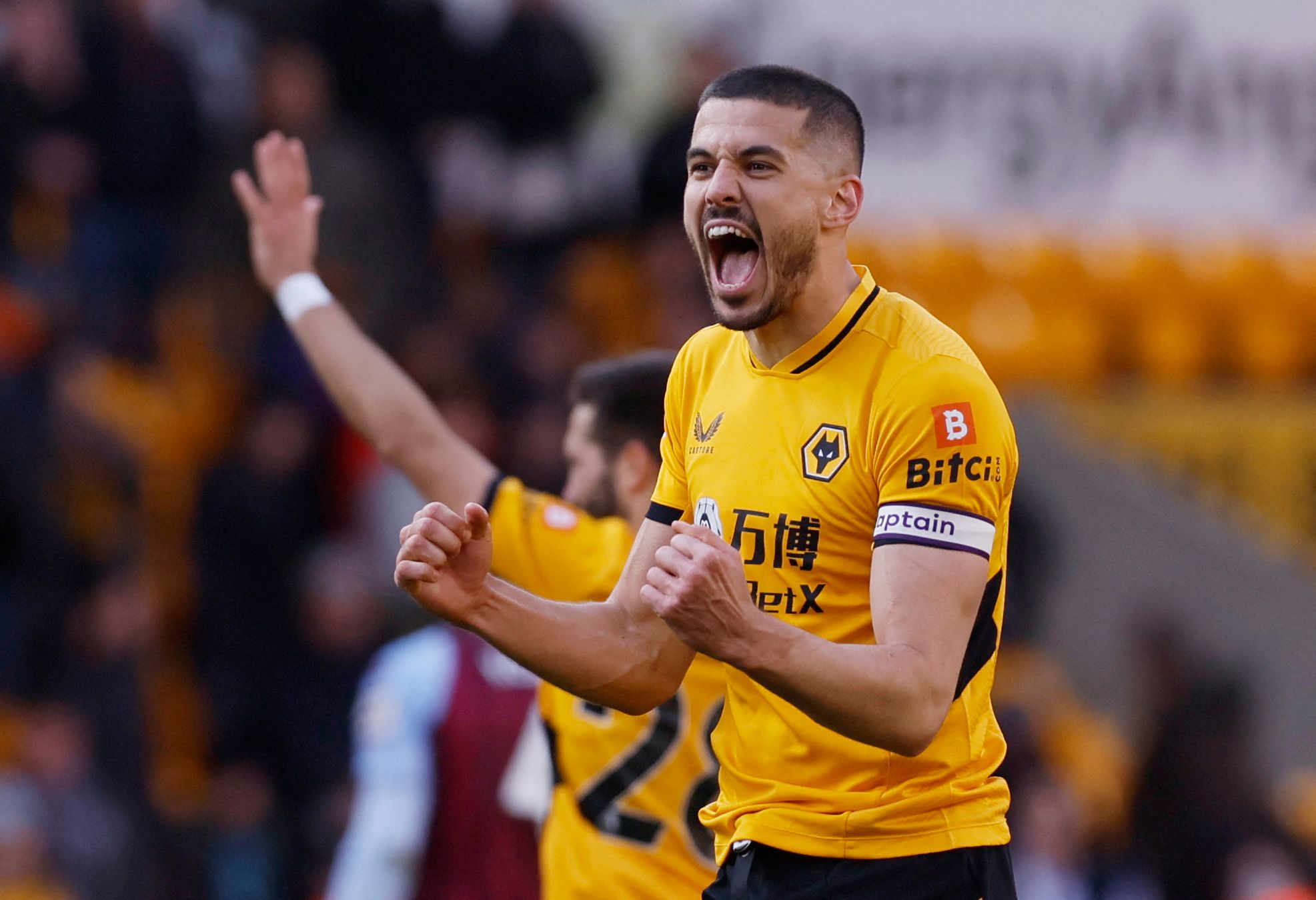 Soccer Football - Premier League - Wolverhampton Wanderers v Aston Villa - Molineux Stadium, Wolverhampton, Britain - April 2, 2022 Wolverhampton Wanderers' Conor Coady celebrates after the match Action Images via Reuters/Andrew Couldridge EDITORIAL USE ONLY. No use with unauthorized audio, video, data, fixture lists, club/league logos or 'live' services. Online in-match use limited to 75 images, no video emulation. No use in betting, games or single club /league/player publications.  Please con