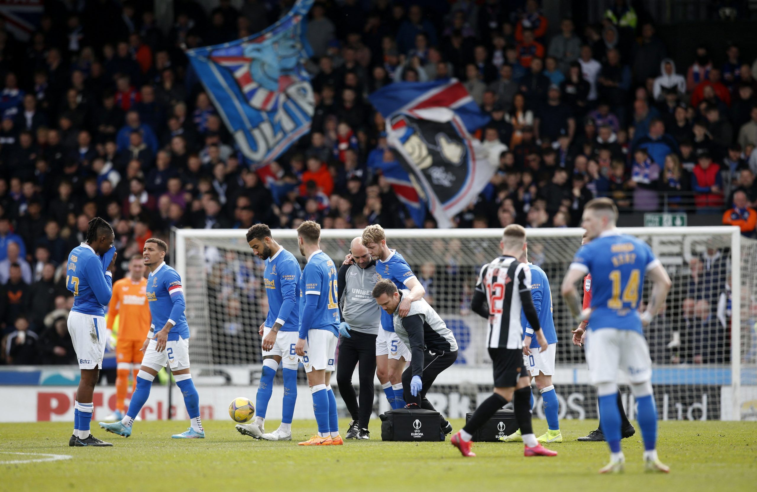 Soccer Football - Scottish Premiership - St Mirren v Rangers - Simple Digital Arena, Paisley, Scotland, Britain - April 10, 2022 Rangers' Filip Helander is helped off the pitch after sustaining an injury Action Images via Reuters/Ed Sykes
